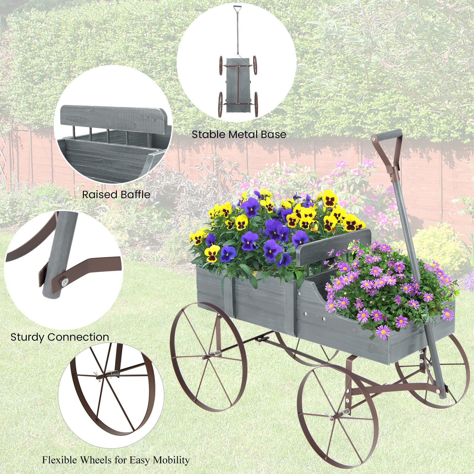 HOMASIS Brouette en Bois pour Plantes, Chariot de Jardin avec Roues en Métal et 2 Compartiments, Jardinière en Forme de Monocycle Décoratif pour Jardin, Terrasse, Patio, 63 x 35 x 62,5 cm (Gris)