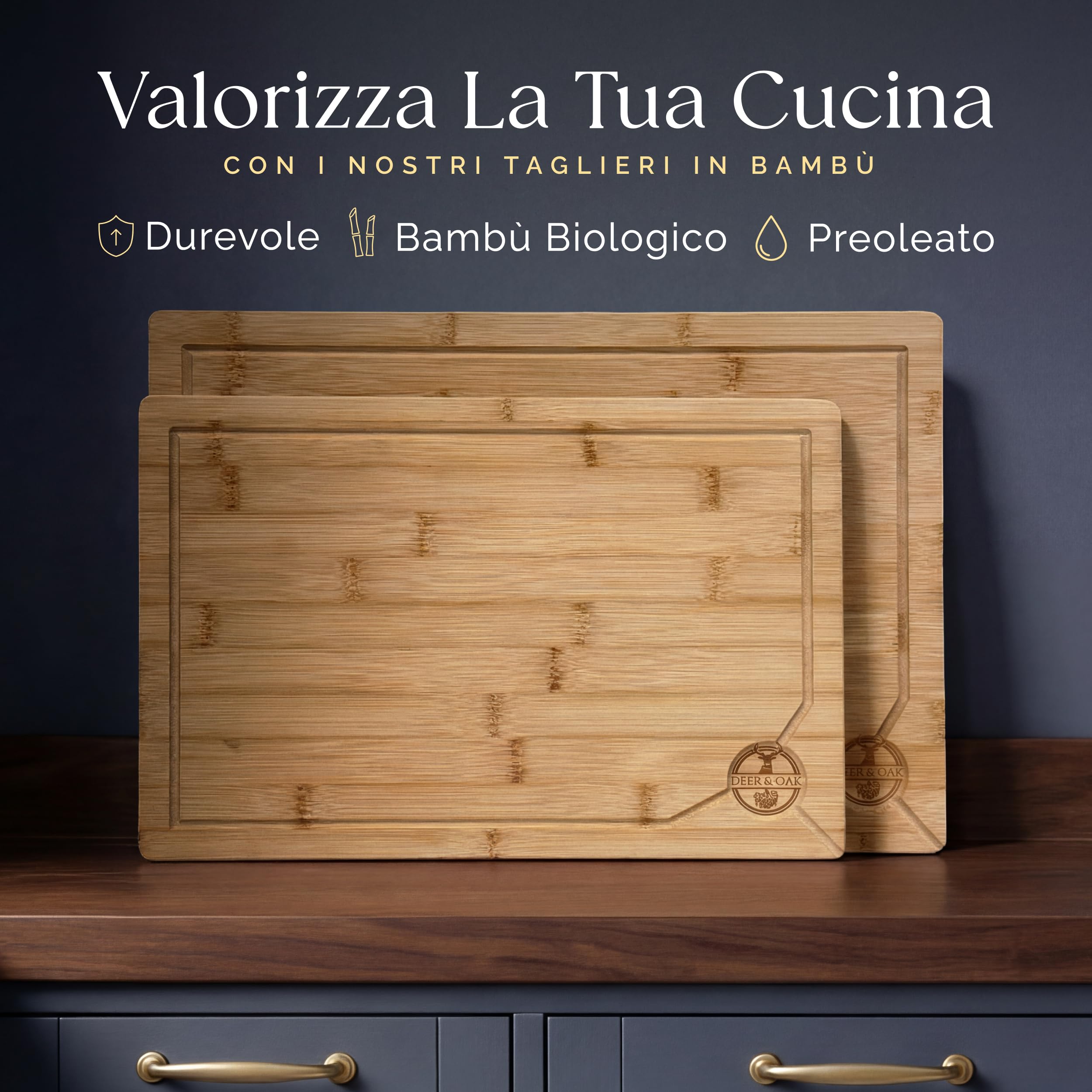 Deer & Oak Set di Tagliere in legno di alta qualità, 38 x 25 x 2 cm & 43 x 30 x 2 cm, in bambù, per intagliare carne o verdure, taglieri da cucina pre-oliato, trattato, legno attraente