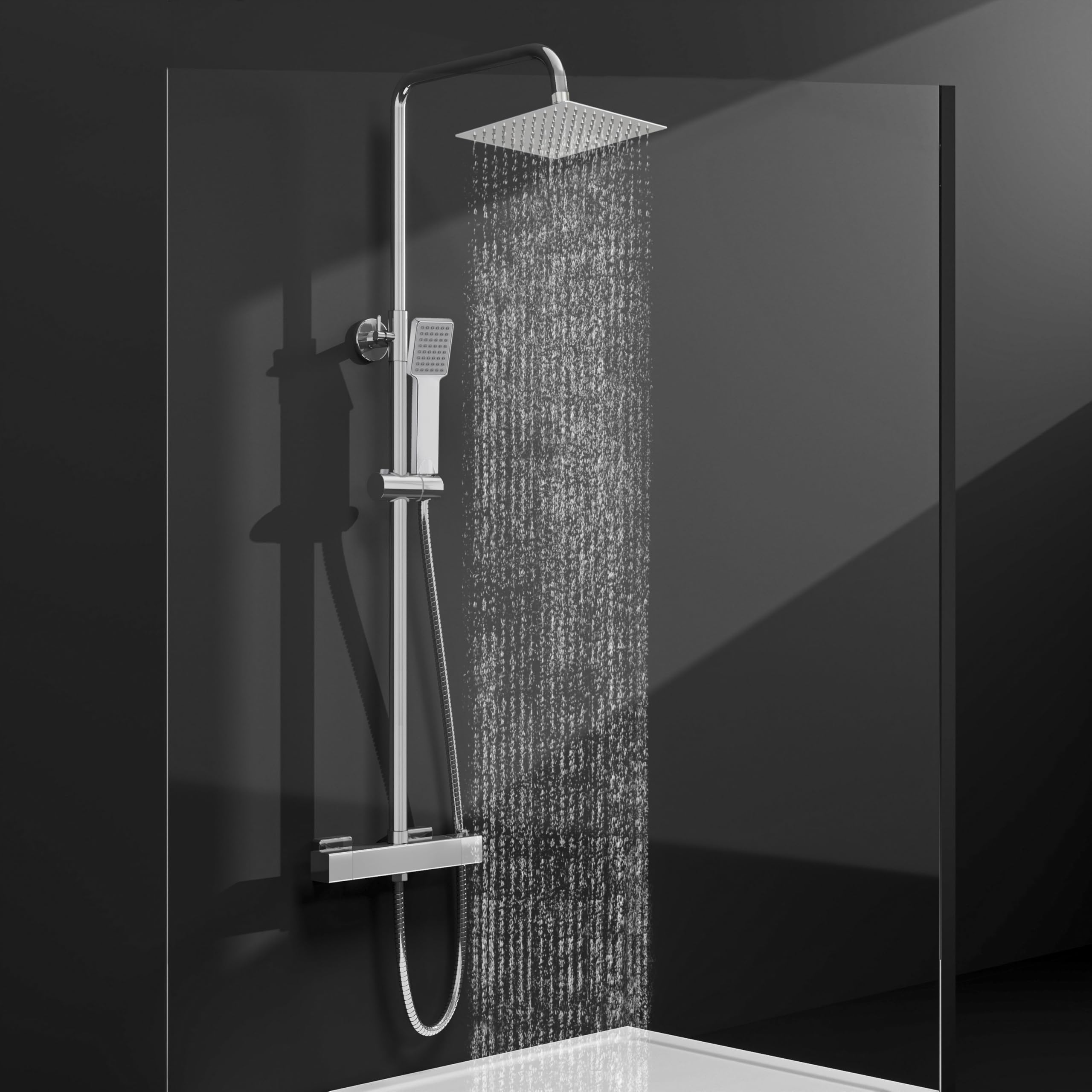 Sky Bathroom Thermostatic Shower Mixer Set | 8" Rainfall Shower & Handheld Head | Wall Mounted Bar Mixer Shower System | Stainless Steel Adjustable Sliding Riser Rail Chrome Finish