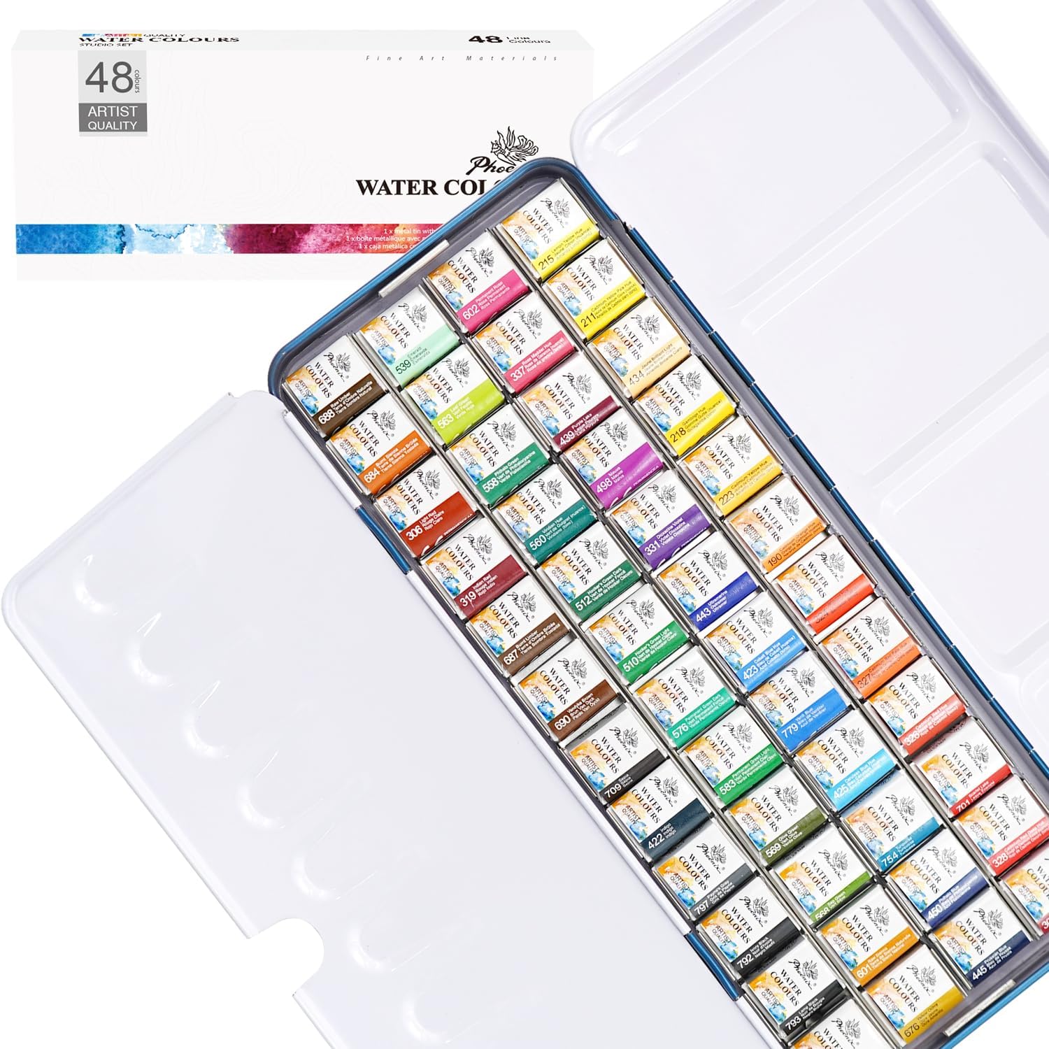 PHOENIX Artist Grade Watercolor Paint Set - Half Pan 48 Colors Quality Pigment Watercolor Palette with Portable Tin Box for Adults, Professional Artists