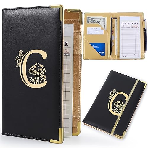 Bienbee Libro de mesera, libro de camarera del alfabeto, libro negro para camarera, libro de camarera con bolsillo con cremallera para dinero, libro