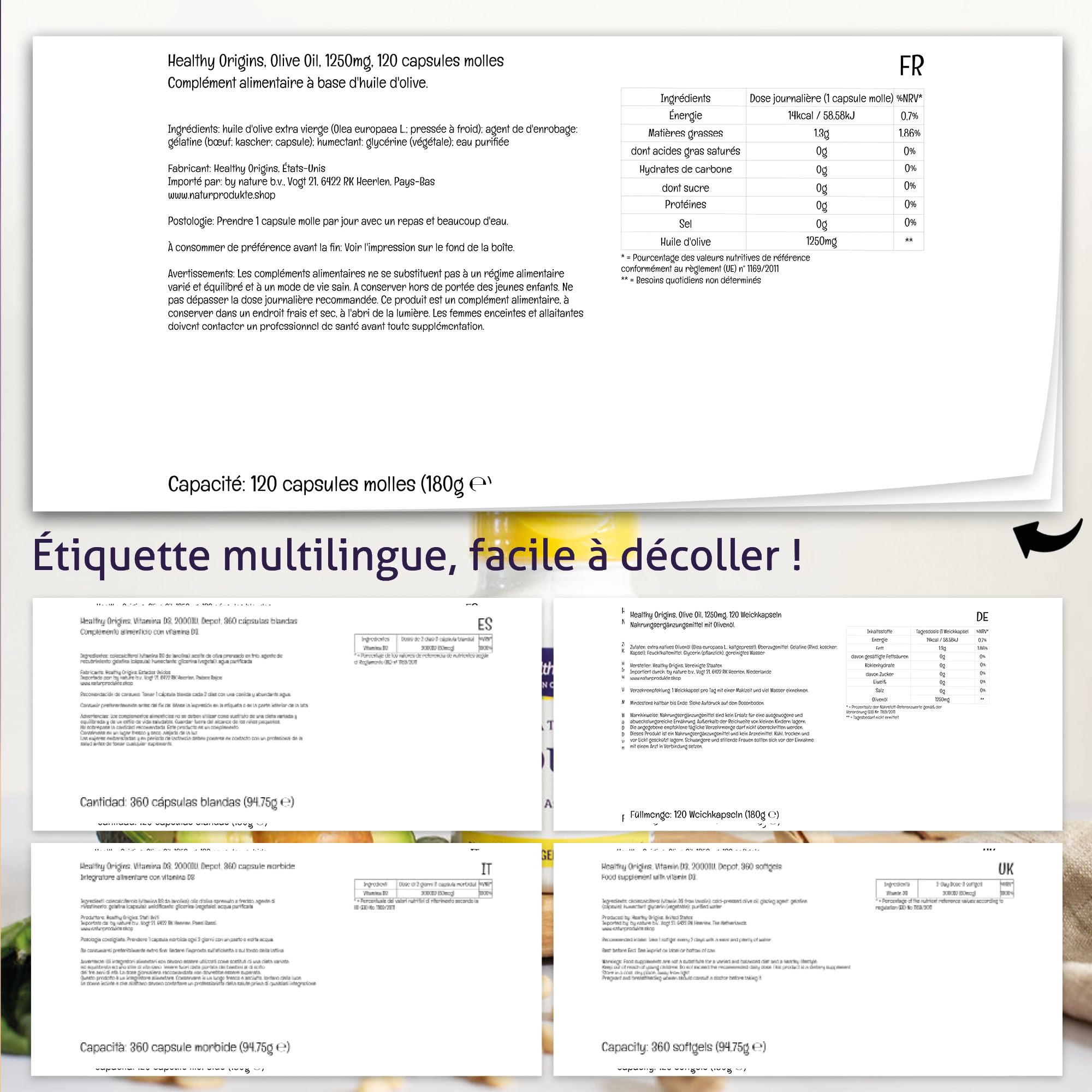 Healthy Origins, Extra Virgin Olive Oil, 1250mg, Haute Dosé, 120 Capsules molles, Sans Gluten, Sans Soja, Sans OGM