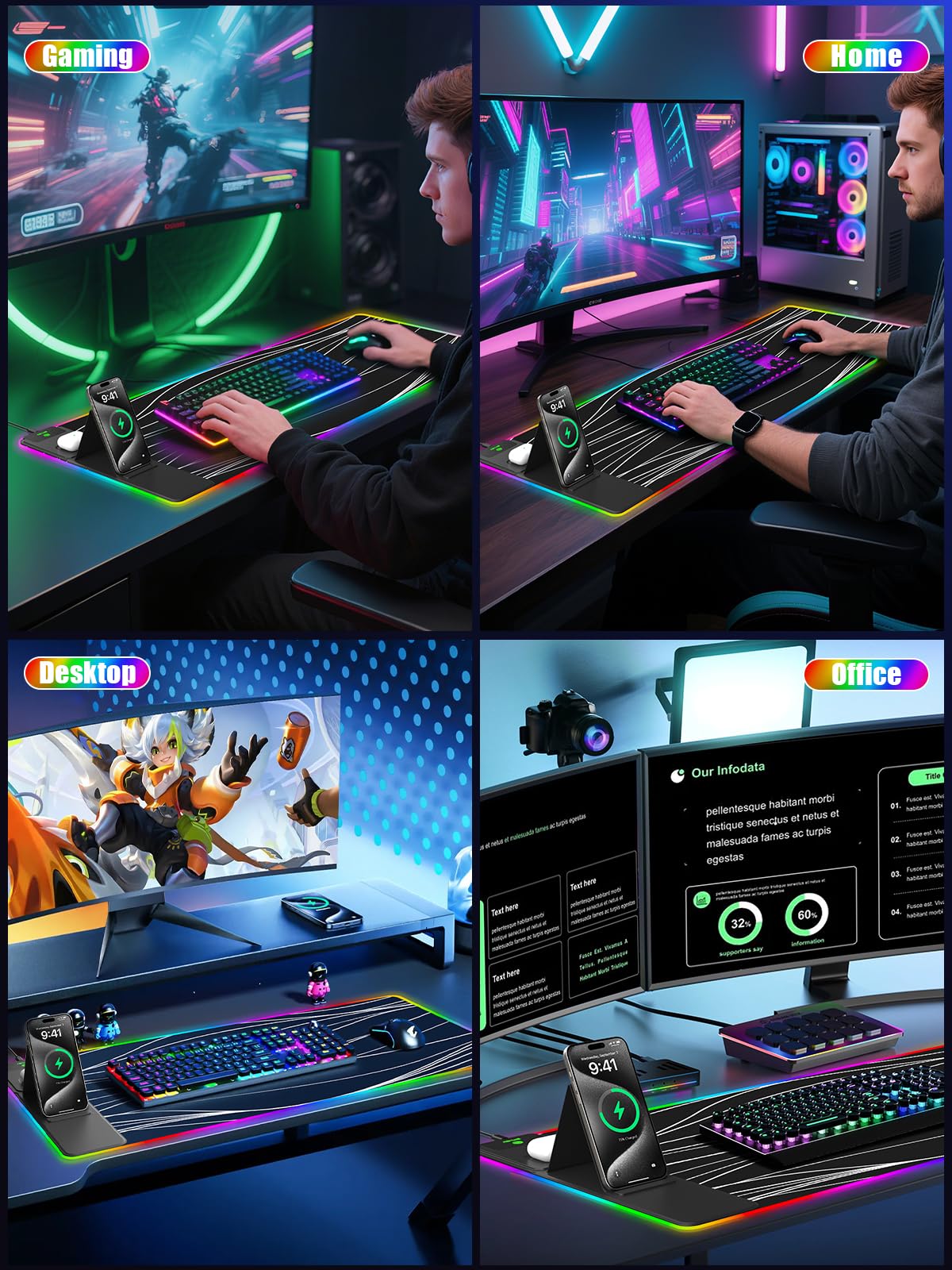 Alfombrilla de mouse con soporte plegable para teléfono y cargador inalámbrico, alfombrilla de mouse XXL RGB para juegos de 31.5 x 15.8 pulgadas, alfombrilla de escritorio grande para teclado