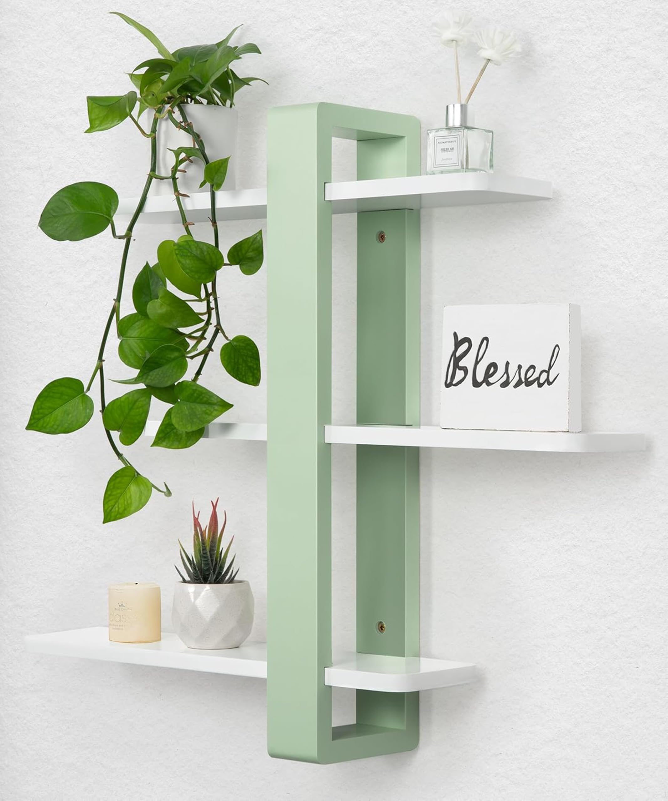 Dence Store Floating Wall Shelves 3-Tier Mounted Shelving Unit; Large Decorative Shelf for Home Storage, Ideal for Plants and Photos in Bedroom, Living Room, or Office-Mint Green&White