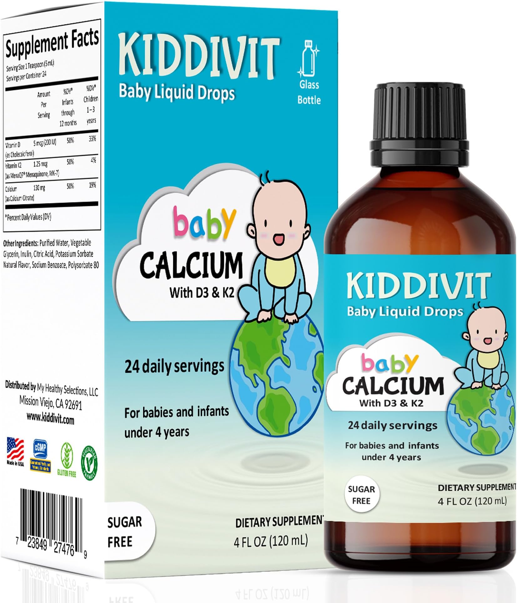 Kiddivit Baby Calcium Liquid Drops with Vitamin D3 & K2-24 Daily Servings, 4 Fl Oz (120 mL) - Inulin Fortified (Prebiotic, Dietary Fiber) - Sugar Free, Gluten Free, Vegetarian Friendly