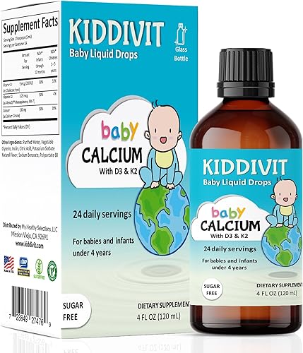 Kiddivit Gotas líquidas de calcio para bebés con vitamina D3 y K2 – Suplemento de apoyo para el crecimiento y huesos suaves – 24 porciones diarias –