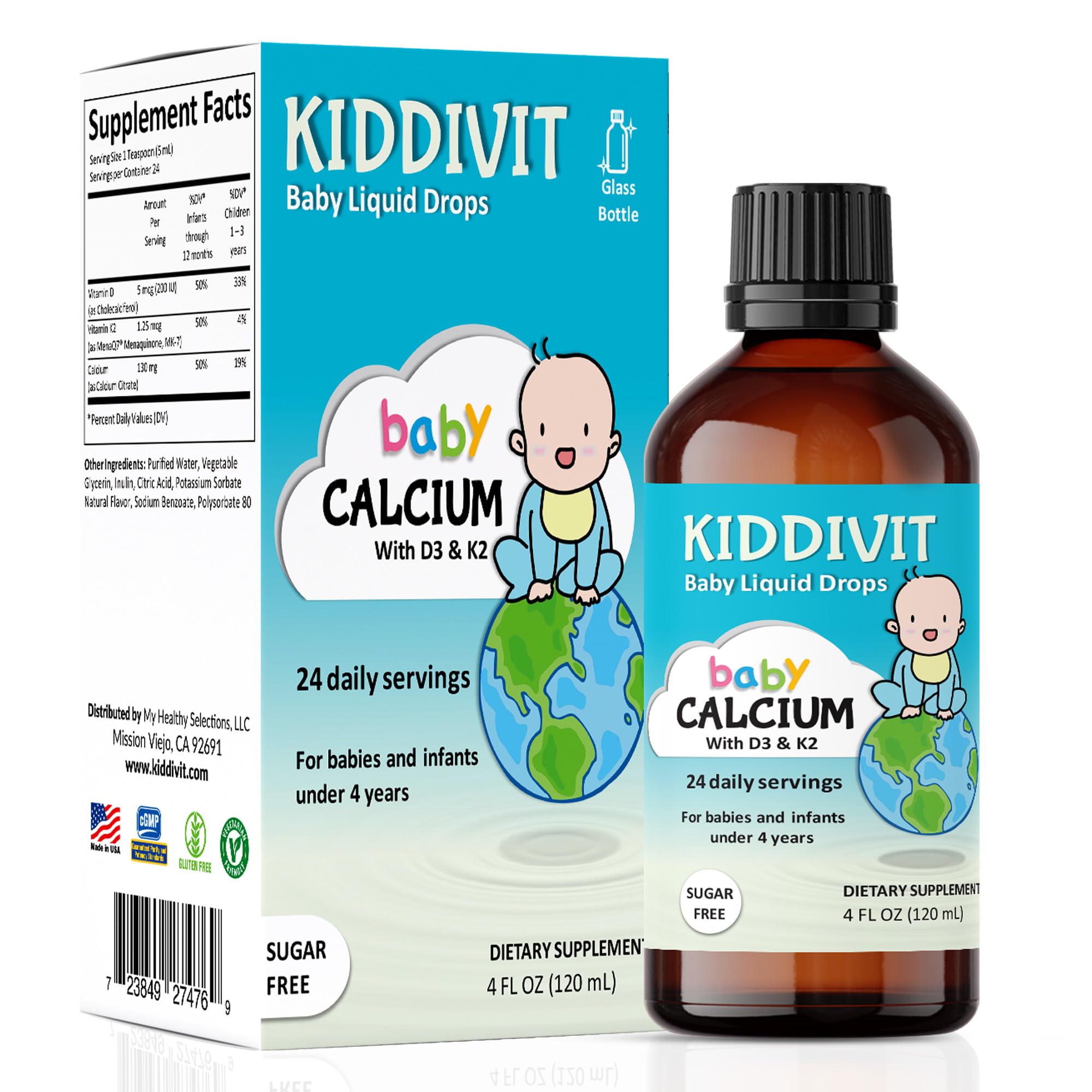 Kiddivit Baby Calcium Liquid Drops with Vitamin D3 & K2-24 Daily Servings, 4 Fl Oz (120 mL) - Inulin Fortified (Prebiotic, Dietary Fiber) - Sugar Free, Gluten Free, Vegetarian Friendly