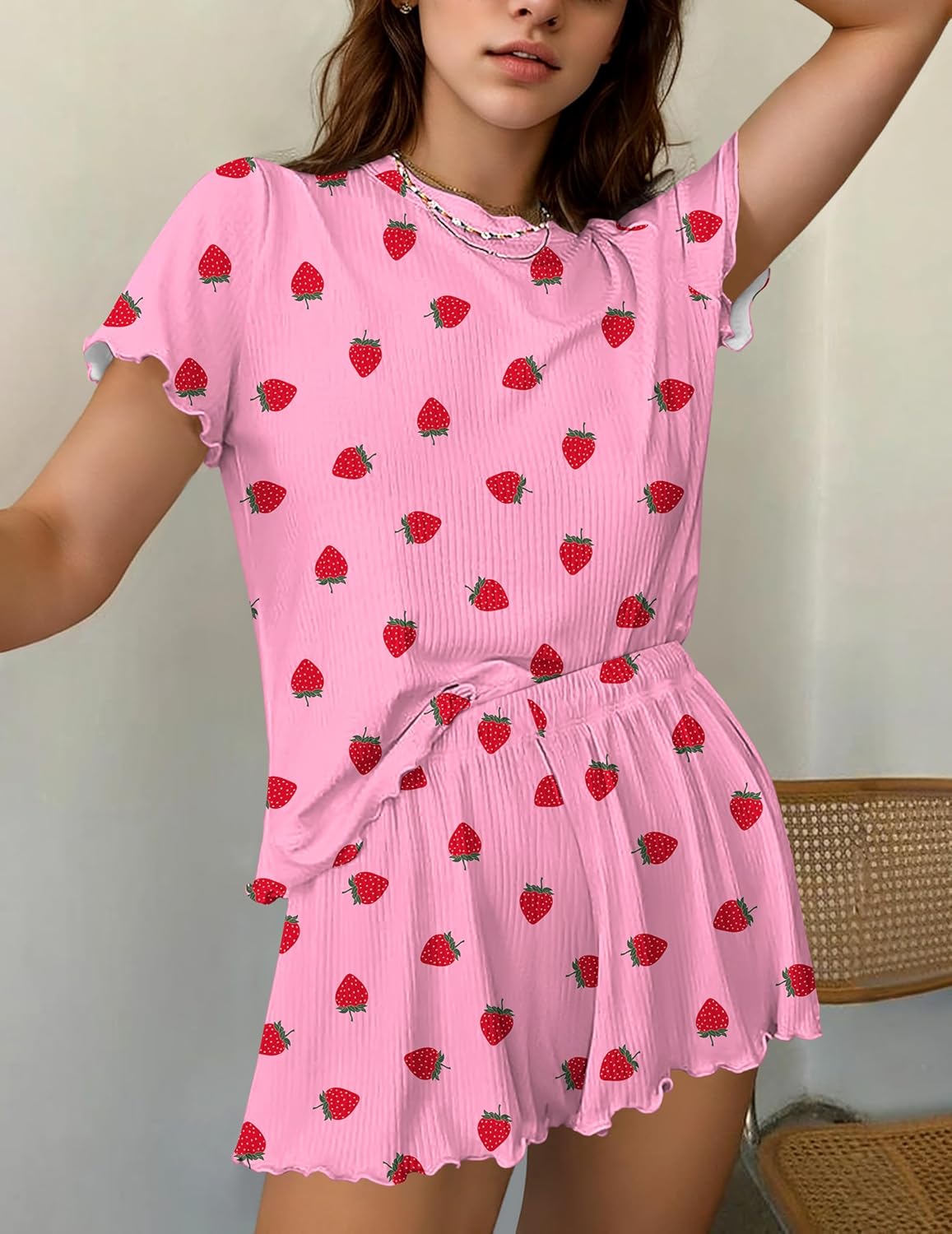 Ekouaer Womens Pajamas 2 Piece Ribbed Knit Pjs Colorful Pattern Sleep Set Short Sleeve Pajamas Set Casual Lounge Sets - Image 2