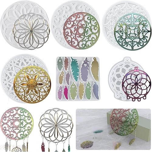 Miniatura 3 de Woohome Moldes de resina para atrapasueños, moldes de silicona atrapasueños para kit de epoxi, plumas para colgar en la pared, manualidades,