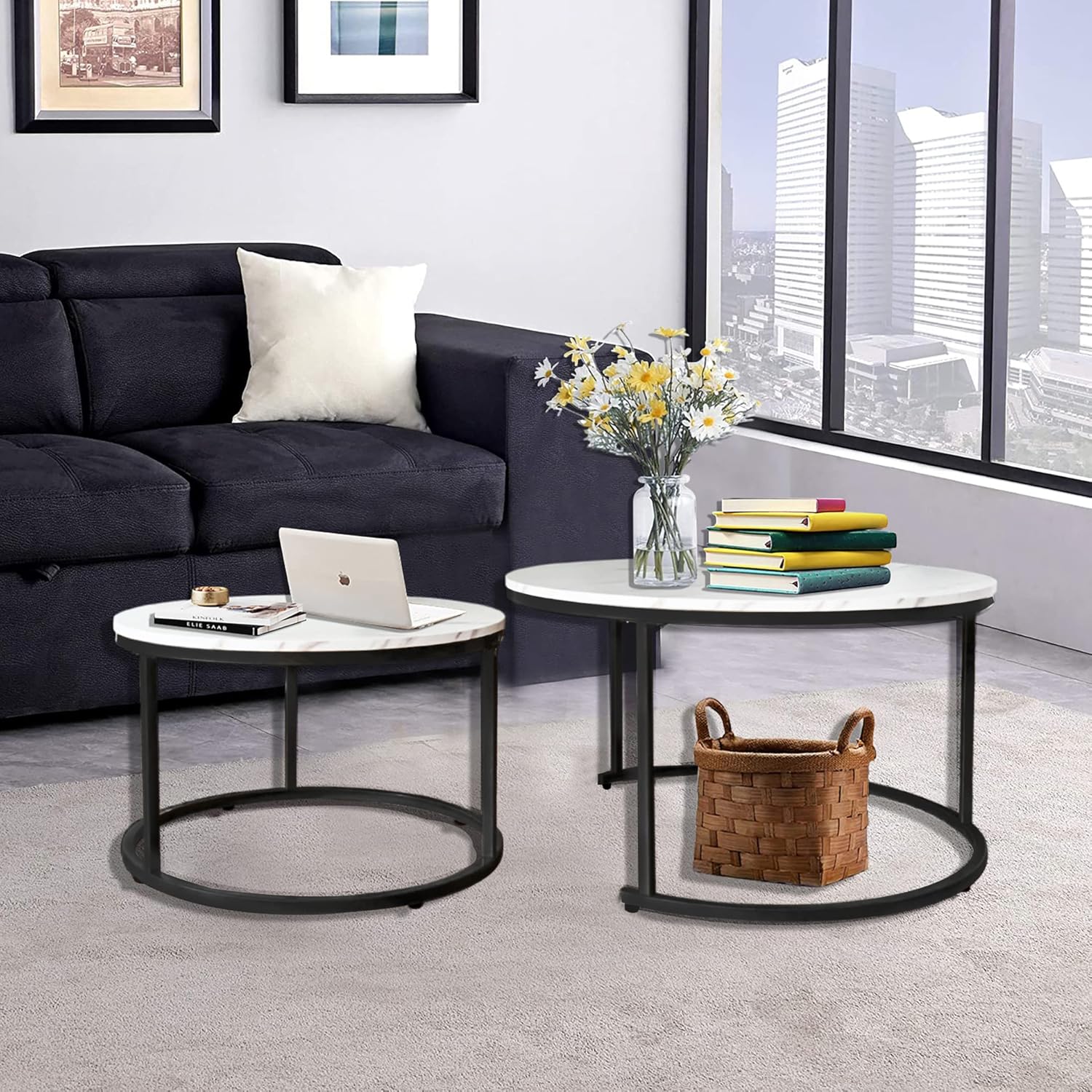 AT-VALY Nesting Table Set of 2,Round Coffee Table,End Side Table with Sturdy Metal Frame for Living Room 31.5" (Black&White)