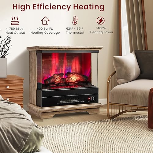 Miniatura 3 de SIMOE Calentador eléctrico de 27 pulgadas con chimenea, chimenea termostática independiente de 1400 W con llama 3D de 3 niveles y control remoto de