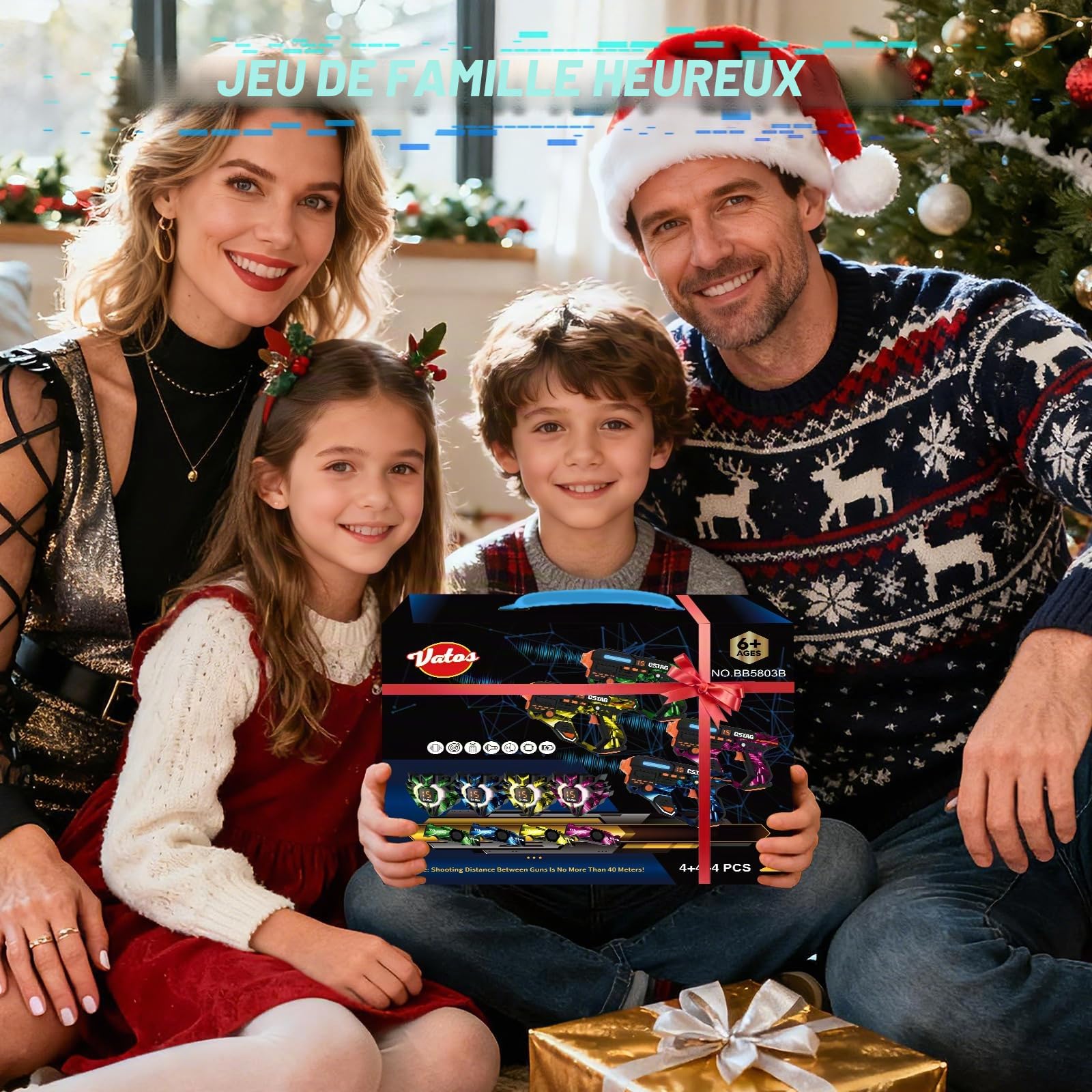 VATOS Ensemble de Laser Tag Rechargeable avec Capteurs 360° pour 4 Joueurs, Infrarouge 2,4 GHz Affichage de Données en Temps Réel, Jeu de Famille et de Groupe pour Enfants et Adolescents, Cadeau pour