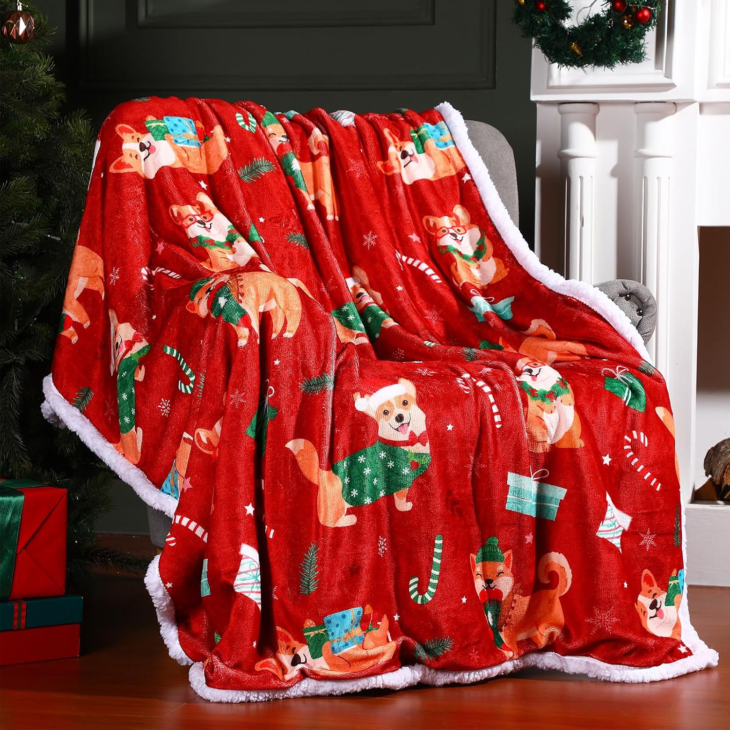 FuWeave Christmas Throw Blankets 50 x 60 Inch Xmas Sherpa Throw Plush Holiday Flannel Warm Soft Blankets and Throws for Xmas Gift Home Couch Bed Sofa(Red,Dog)