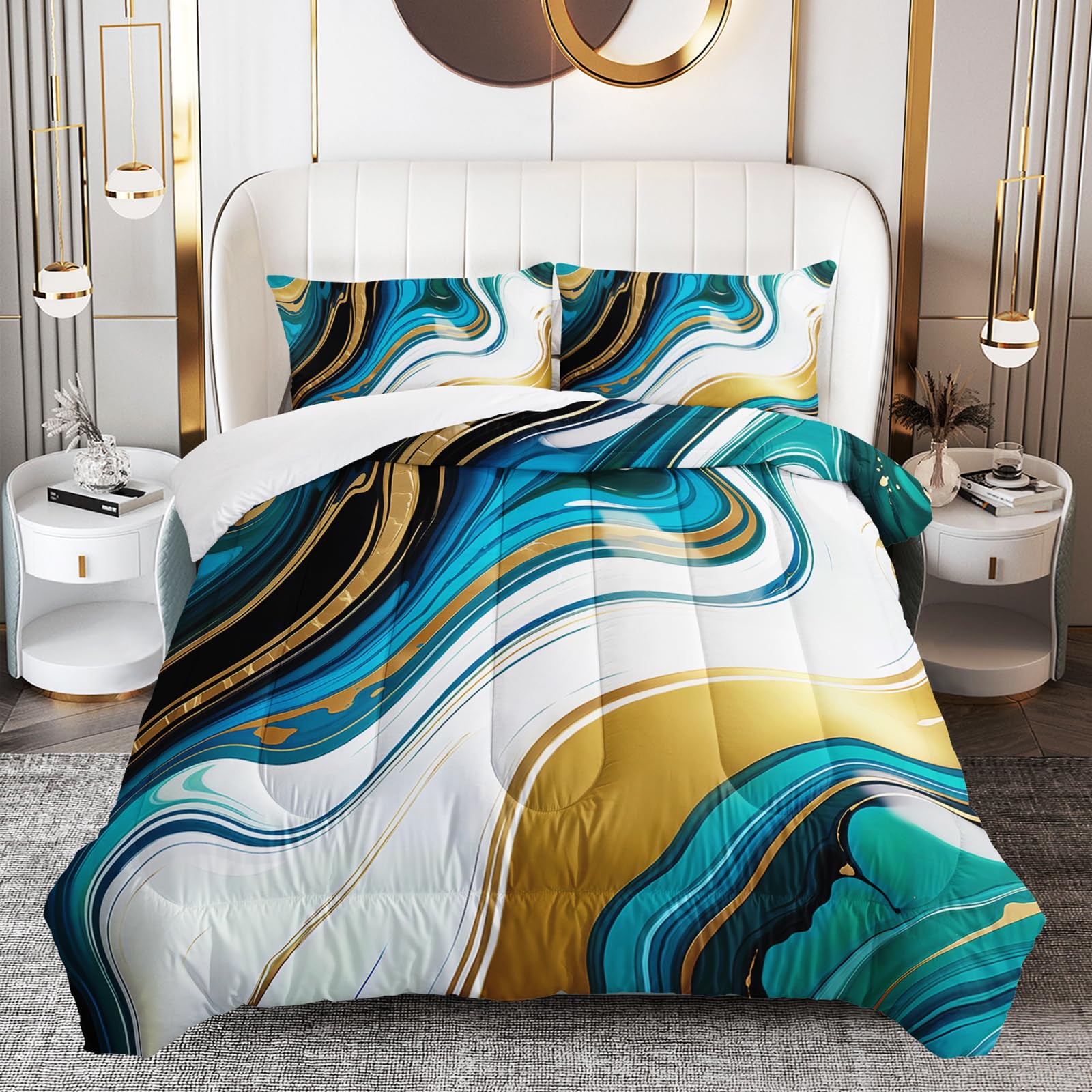 OUIXOTIC Marble Comforter Set for Women Men, Western Boho Gold and Blue Comforter Set Queen Size, 3Pcs Abstract Marbling Texture Decor with1 Comforter with 2 Pillowcases