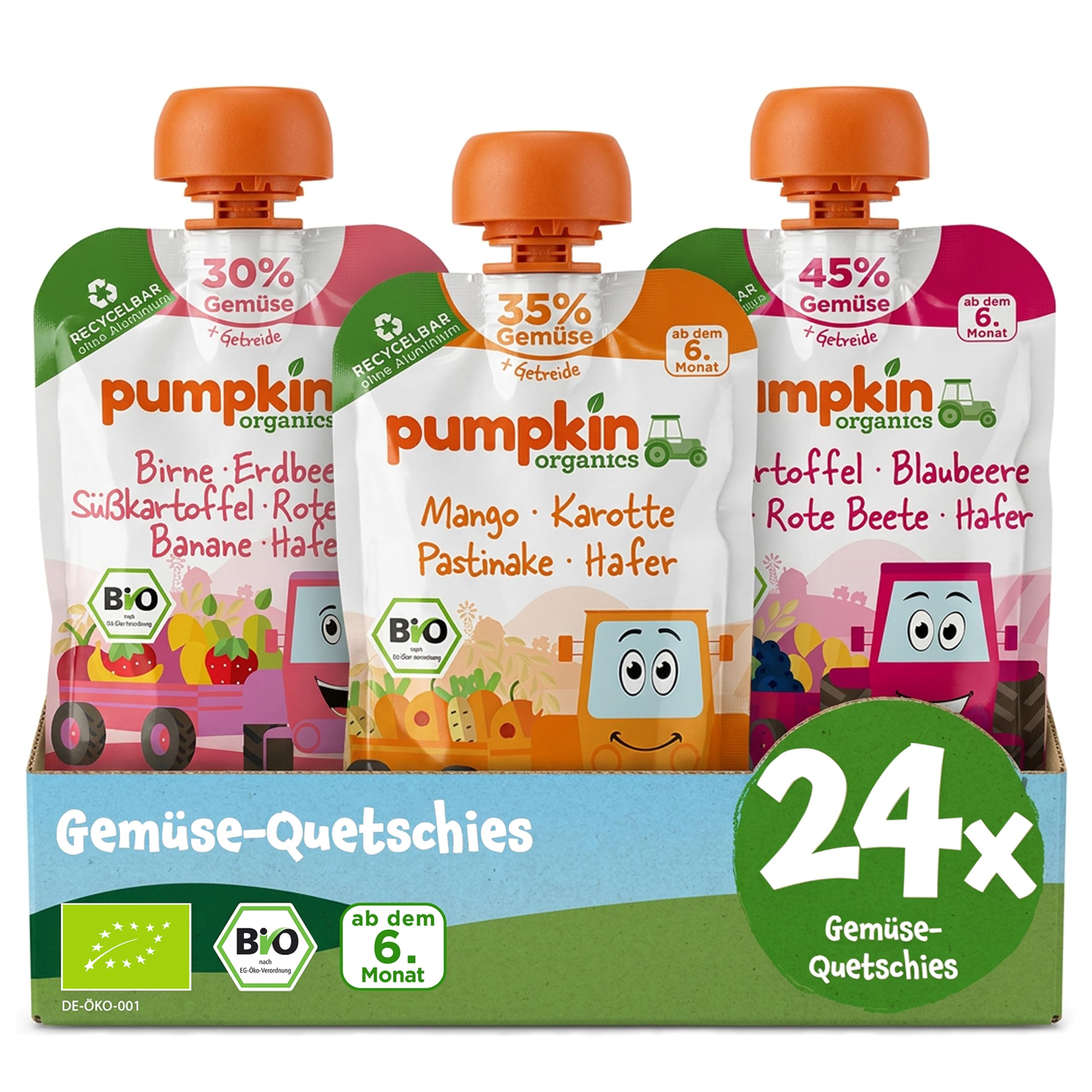 Pumpkin Organics 24er Pack QUERBEET Bio Gemüse-Quetschies - Quetschie ohne Zuckerzusatz¹ - Babynahrung für Babys ab dem 6. Monat - Kennenlernpaket (24x100g)