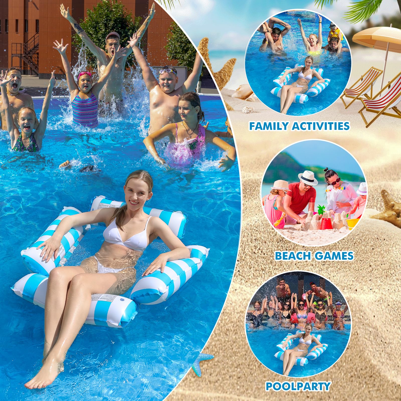 Luftmatratze Pool Erwachsene, 4-in-1 Aufblasbare Wasserhängematte 122 x 122 cm, Schwimmliege mit Mesh-Netz, Pool Float Lounge für Erwachsene, Strand, Urlaub, Poolparty, Dunkelblau