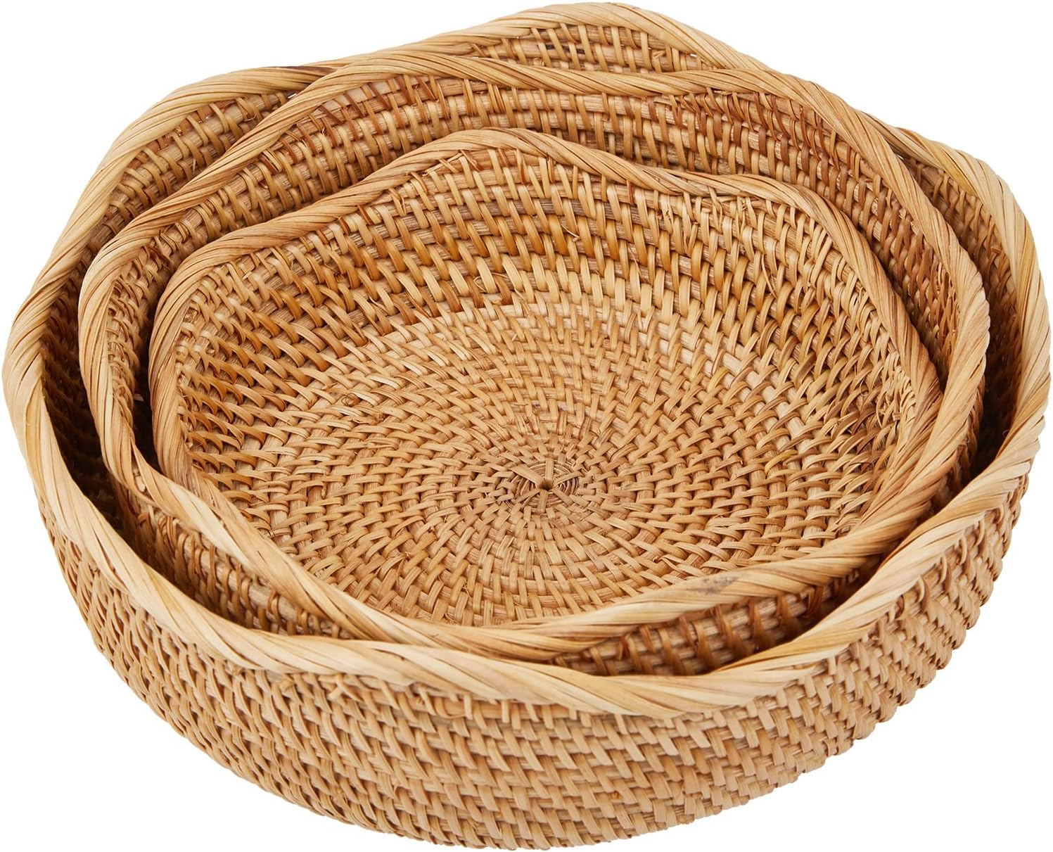 Natural Rattan Round Fruit Basket Bowls, Hand Woven Decor Serving Baskets, Wicker Storage for Dinning Room (Wave-Combo)