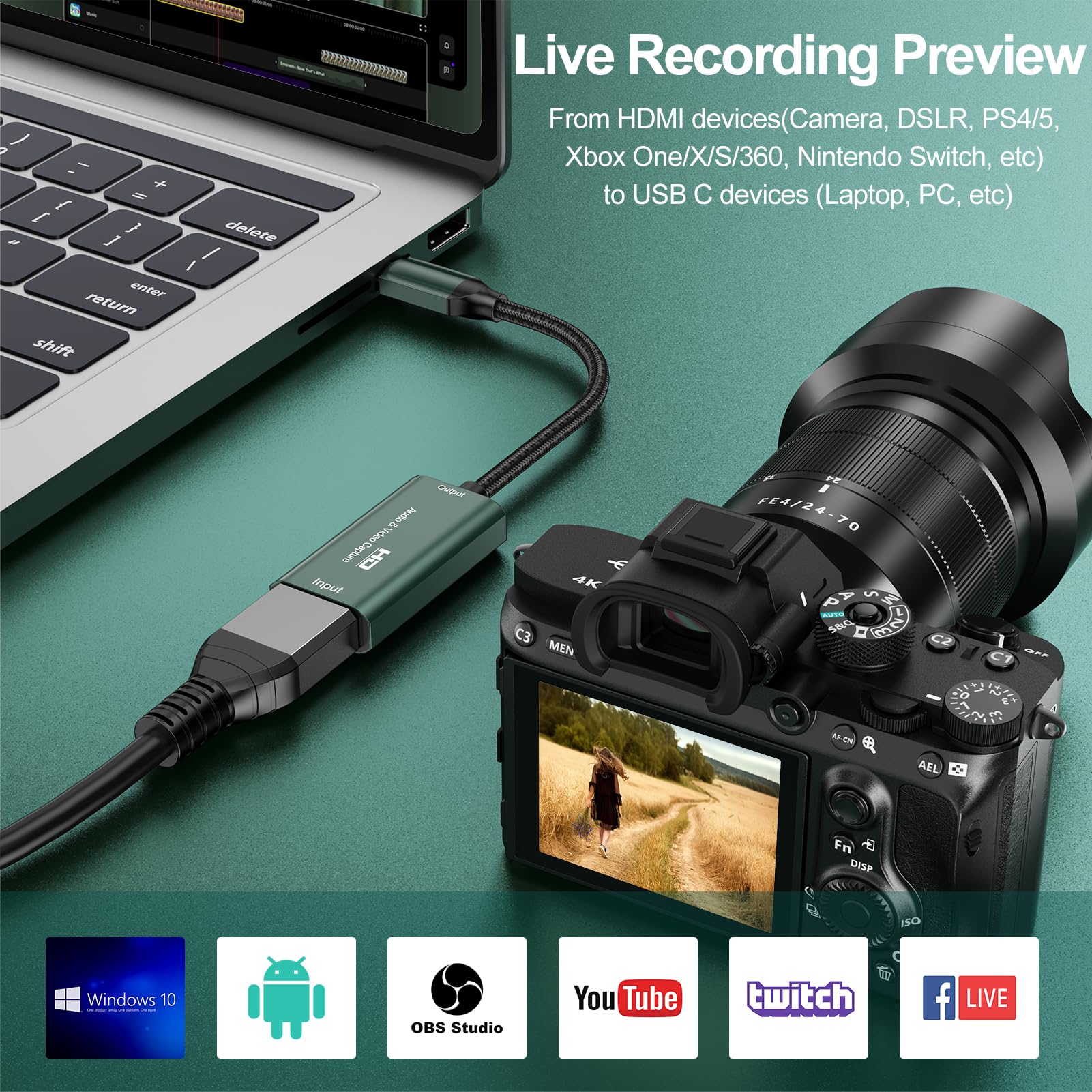 SROMGEE Video Capture Card, 4K HDMI to USB C Capture Card 1080P 60FPS Recording Card for Live Gaming Streaming, Video Capture Device for Windows, Mac OS, System, Switch, Xbox, PS5/4