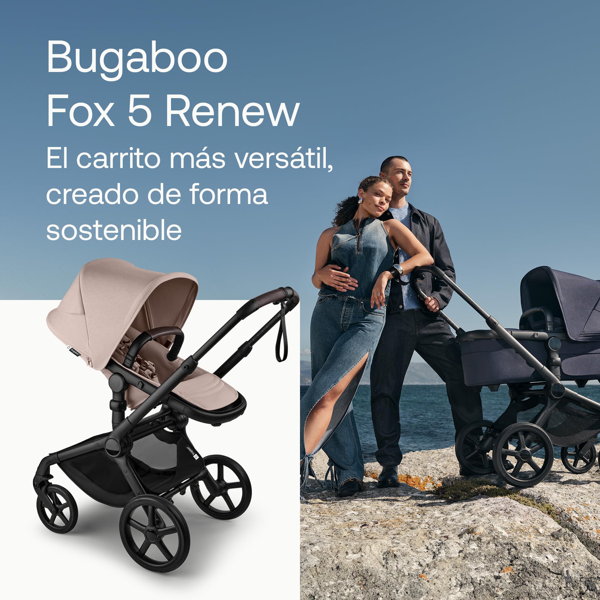 Bugaboo Fox 5 Renew Carrito Todoterreno, Cochecito de Bebé 2 en 1, Suspensión Total, Fácil Plegado, Capazo Espacioso, Asiento Extensible, Maniobrabilidad, Chasis Negro y Capota Desert Taupe Melange
