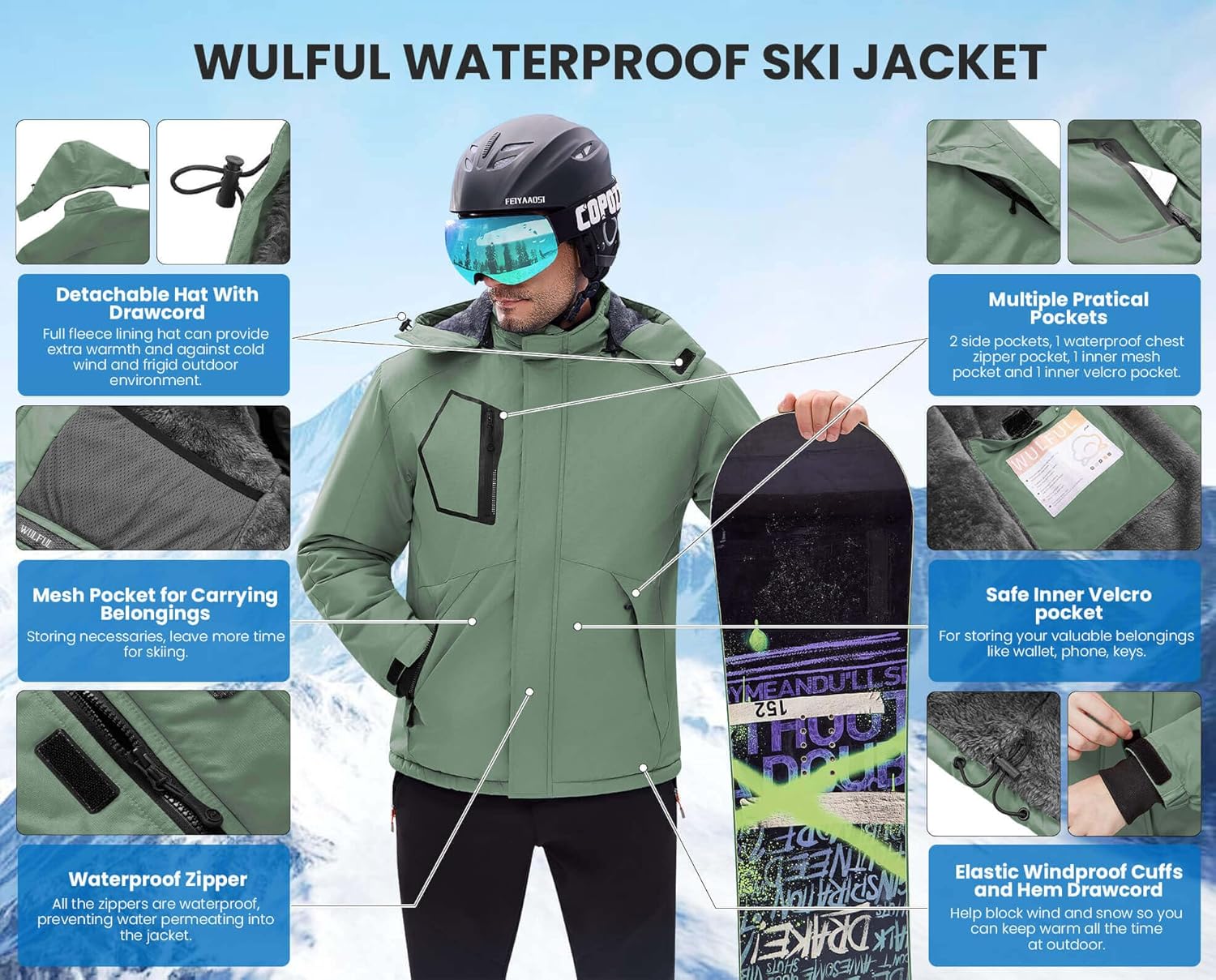 WULFUL Men's Waterproof Ski Jacket Warm Winter Coats Windproof Winter Jackets for Men Fleece Lined Windbreaker with Hood