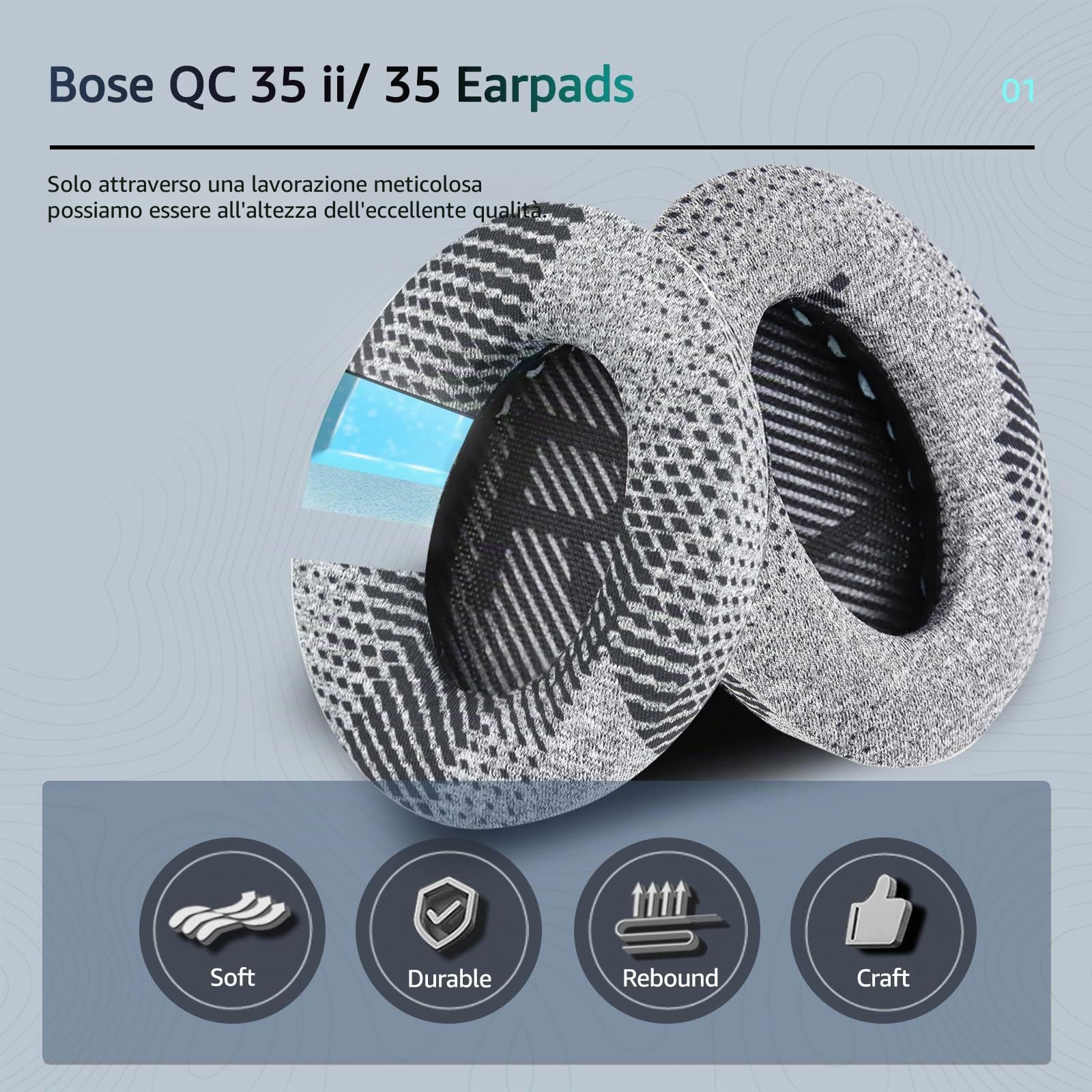 Cuscinetti Auricolari di ricambio in gel QuietComfort 35 / QC35ii, compatibili con la serie Bose QC45 QC35 QC25 QC2 QC15/ Around-Ear 2/AE2 AE2i AE2w/ SoundTrue e SoundLink-Grigio/Nero