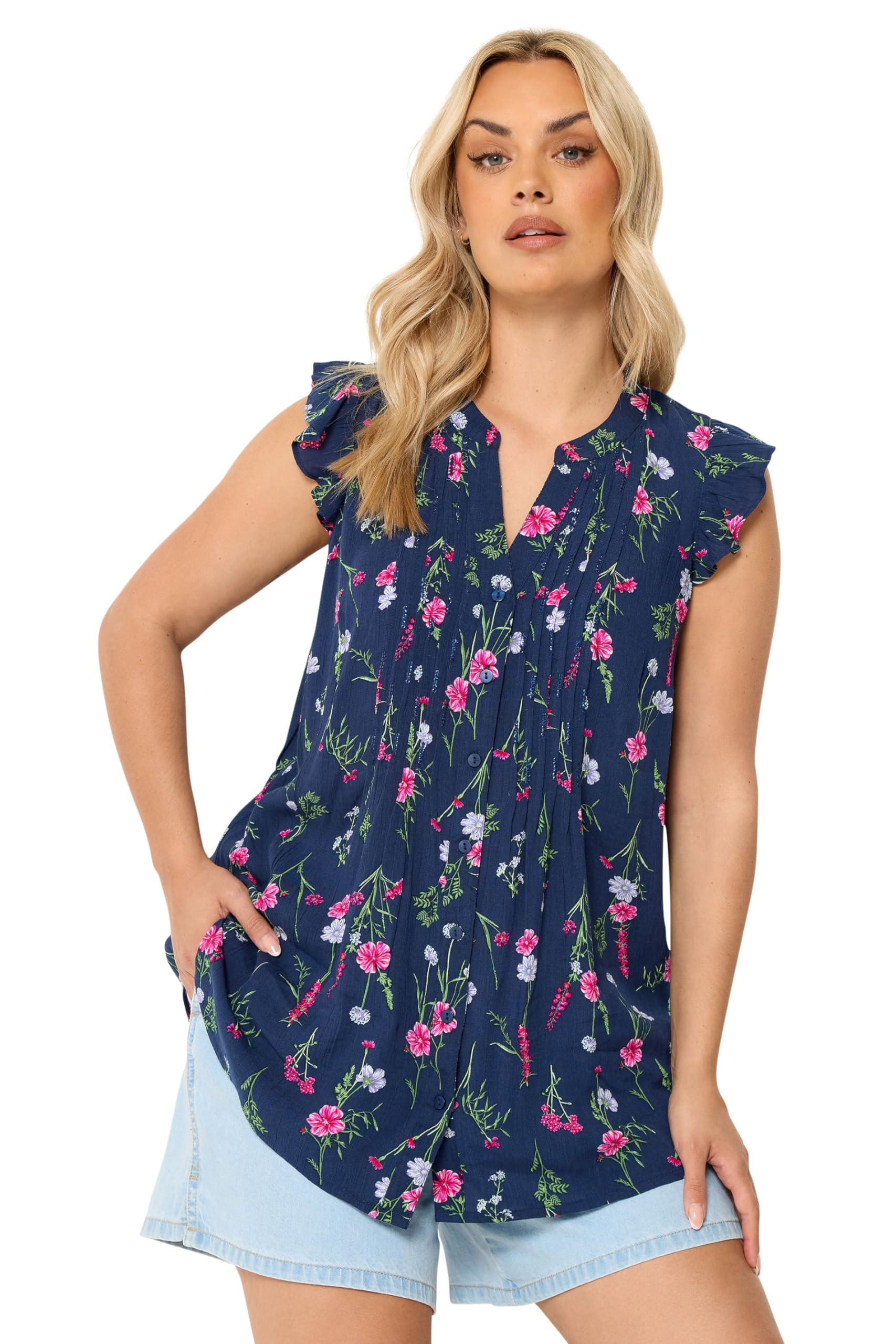 Yours Women's Mid Navy Floral Sleeveless Pintuck Top In | Size: 22/24