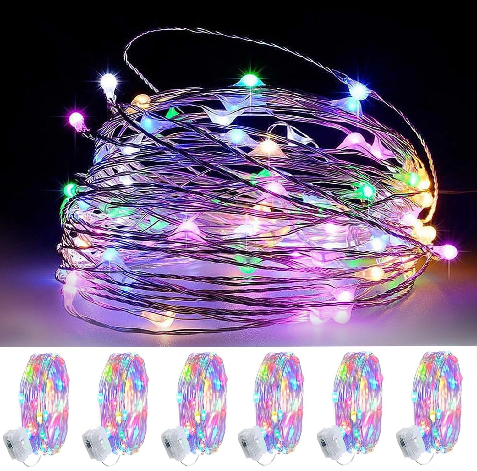SIXIUDIA Cadena de Luces con Pilas,6Piezas20 LEDs 2M Alambre de Cobre Guirnaldas Luces,Impermeable Luces Decorativas,Luces de Cadena Micro Cobre Impermeable,Guirnalda Cadena de Luces,color