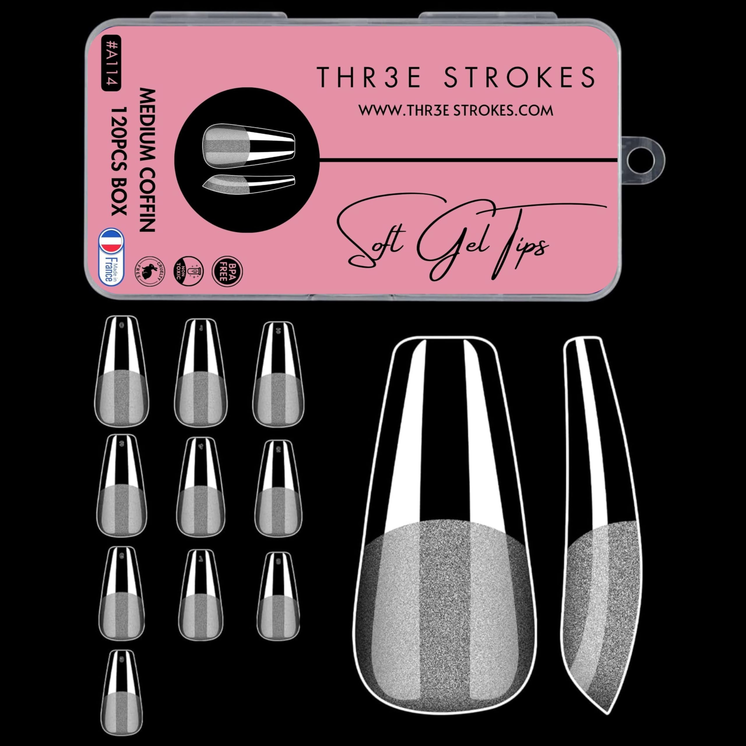 THR3E STROKES 120pcs Soft Gel Nail Tips, Gel X Nail Tips Clear Fake Nails Full Cover Soft Acrylic NailTips with Box for Extension Nail Manicure Salon Home DIY (Medium Coffin Half Matte)