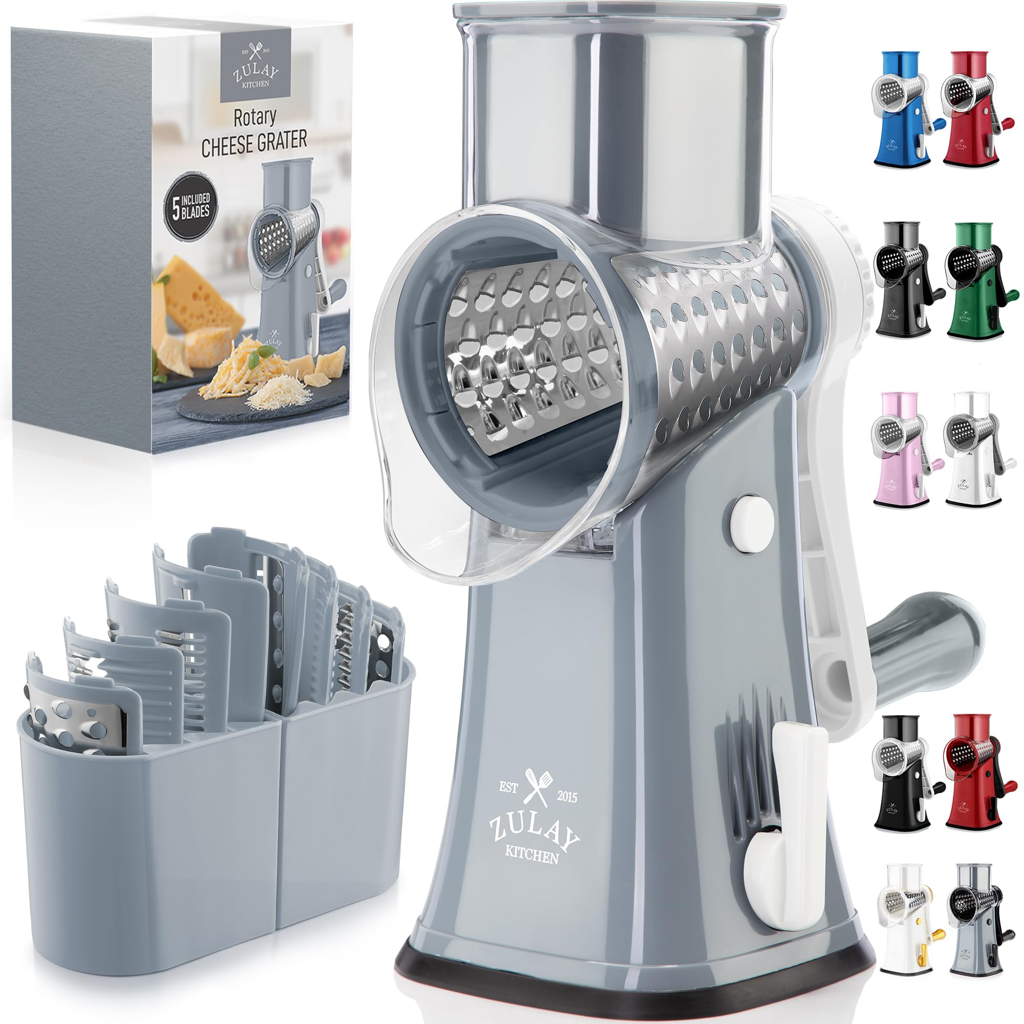 Rotary Cheese Grater Manual Hand Crank 5 Blade Shredder, Gray &amp; White