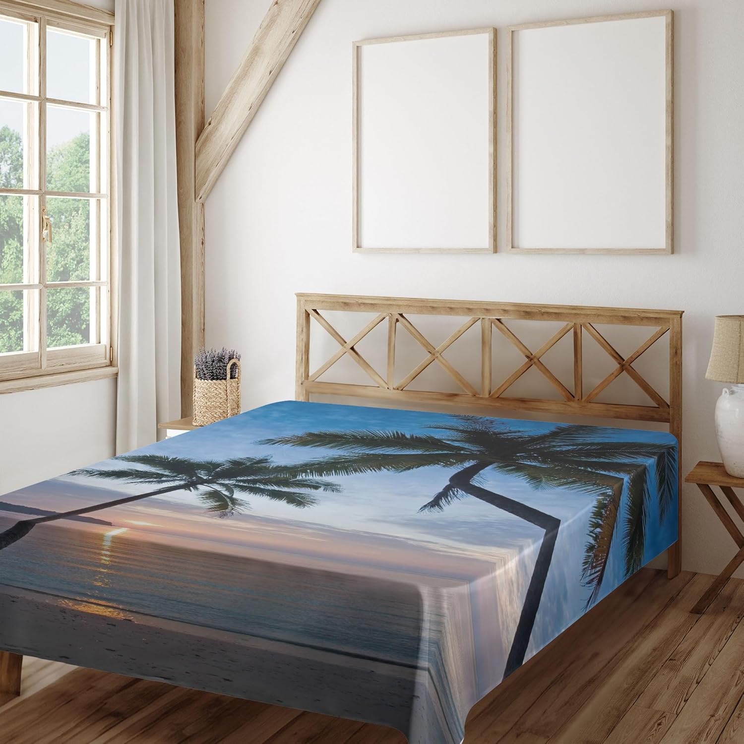 Ambesonne Tropical Flat Sheet, Sunset Over Ocean Calm Exotic Beach in Kut Island Thailand Summertime, Soft Comfortable Top Sheet Decorative Bedding 1 Piece, Queen Size, Blue Black Pale Pink