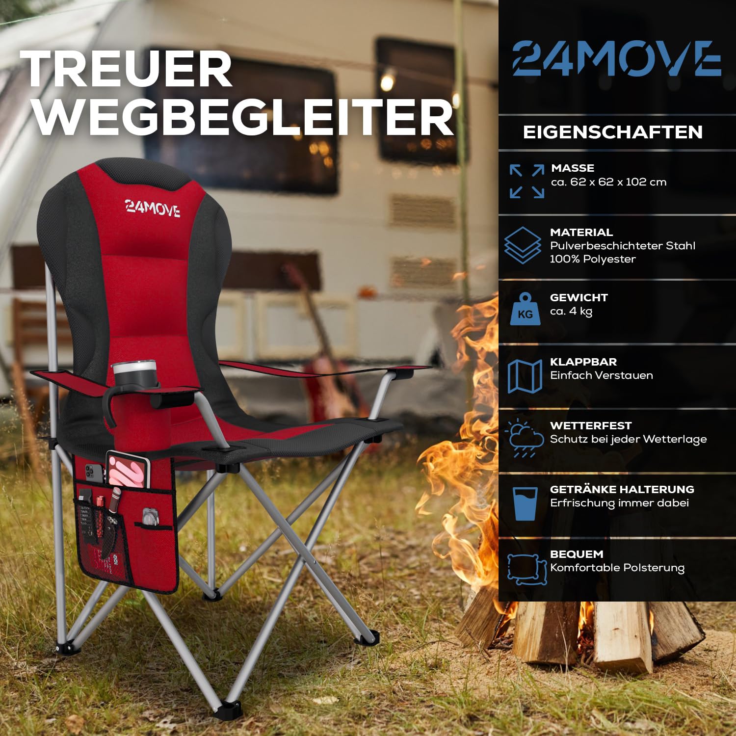 24MOVE® Campingstuhl faltbar bis 150 kg, Faltstuhl Angelstuhl Klappstuhl Gepolstert mit Armlehnen, Getränkehalter + Tasche mit hoher Rückenlehne, Strandstuhl, Klapphocker, rot