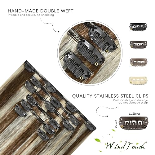 Vista 7 de WindTouch Clip in Hair Extensions Human Hair Balayage Medium Light Brown to Blonde 15Inch 75g Hair Extensions for Blonde Remy Hair Straight 7PCS #1