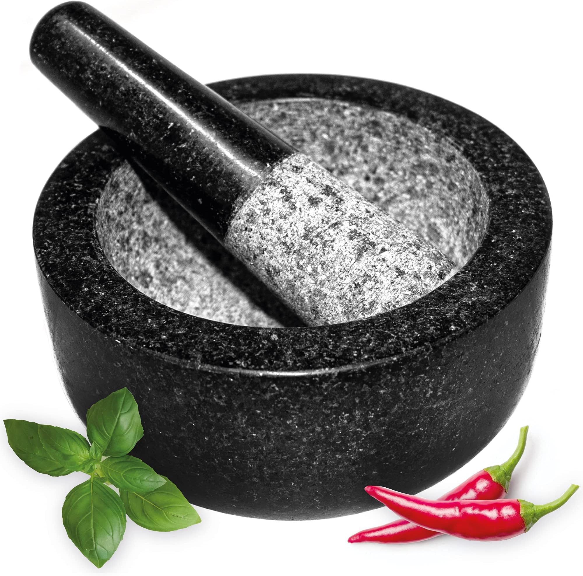 Andrew James Premium Granite Pestle and Mortar Set, 16cm, Ideal for Grinding Herbs, Spices, Nuts, Crushing Seeds, Perfect Pesto & Marinades Sauces, Large 16cm x 8cm, Essential Kitchen Accessory