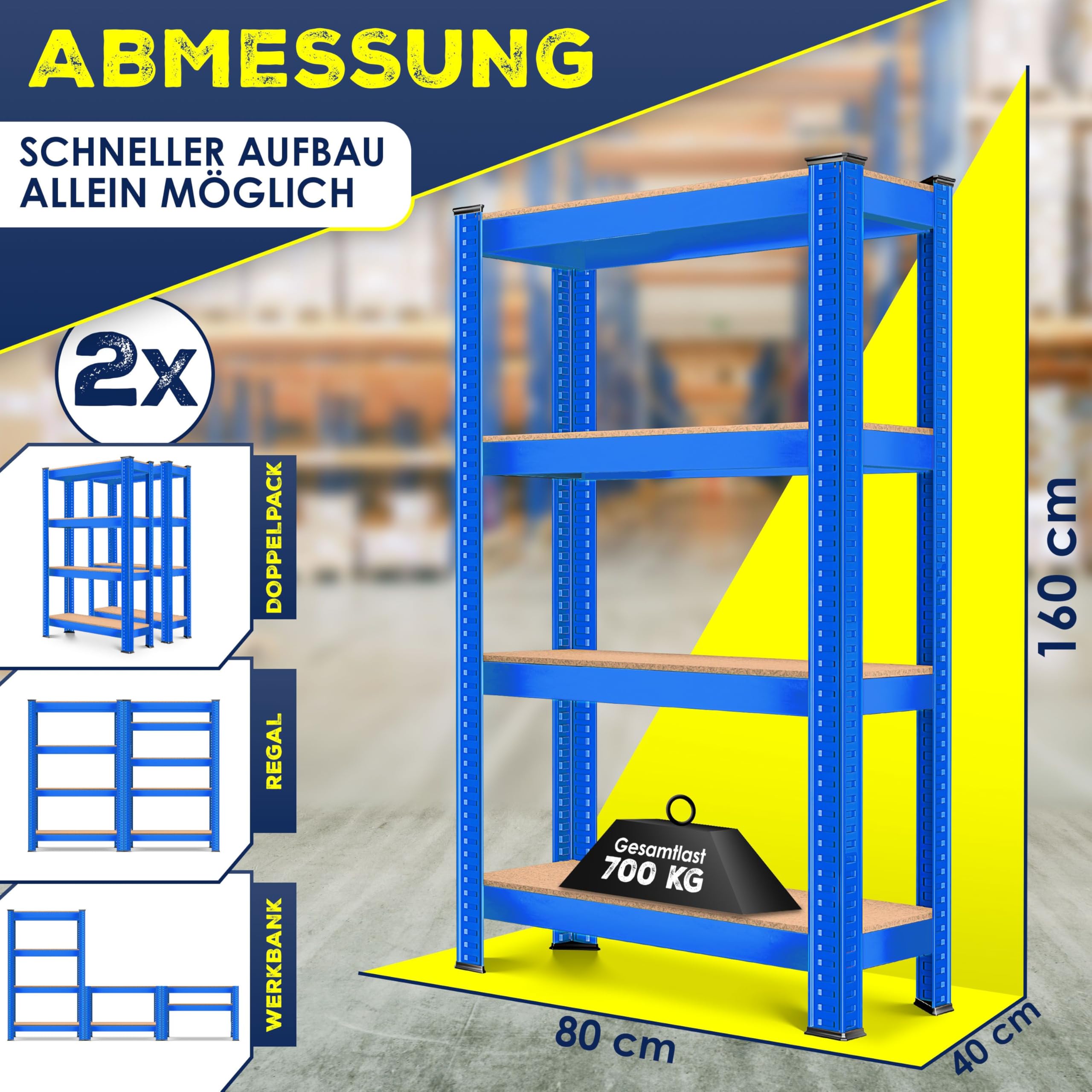 MASKO® Set de 2 estanterías de almacenamiento para cargas pesadas, 160 x 80 x 40 cm, hasta 700 kg, 4 estantes ajustables, tablero de fibra de densidad media y metal, para taller, sótano, garaje, azul