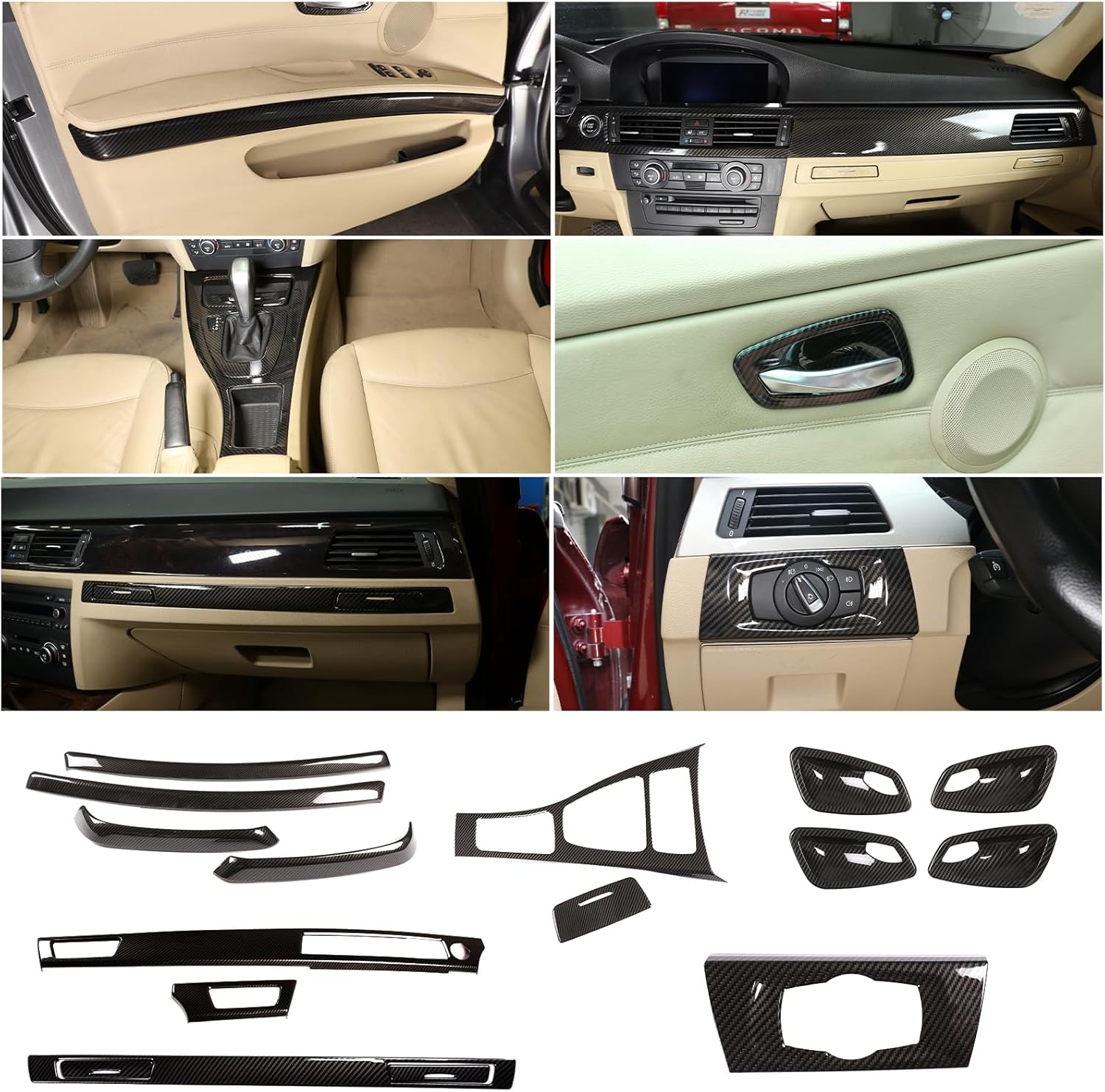 13PCS Full Set Interior Trim Kit Compatible with BMW 3 Series E90 2005-2012 ABS Carbon Fiber Center Console Gear Shift Panel Cover,Dashboard Panel Cover,Air Vents Cover Interior Accessories