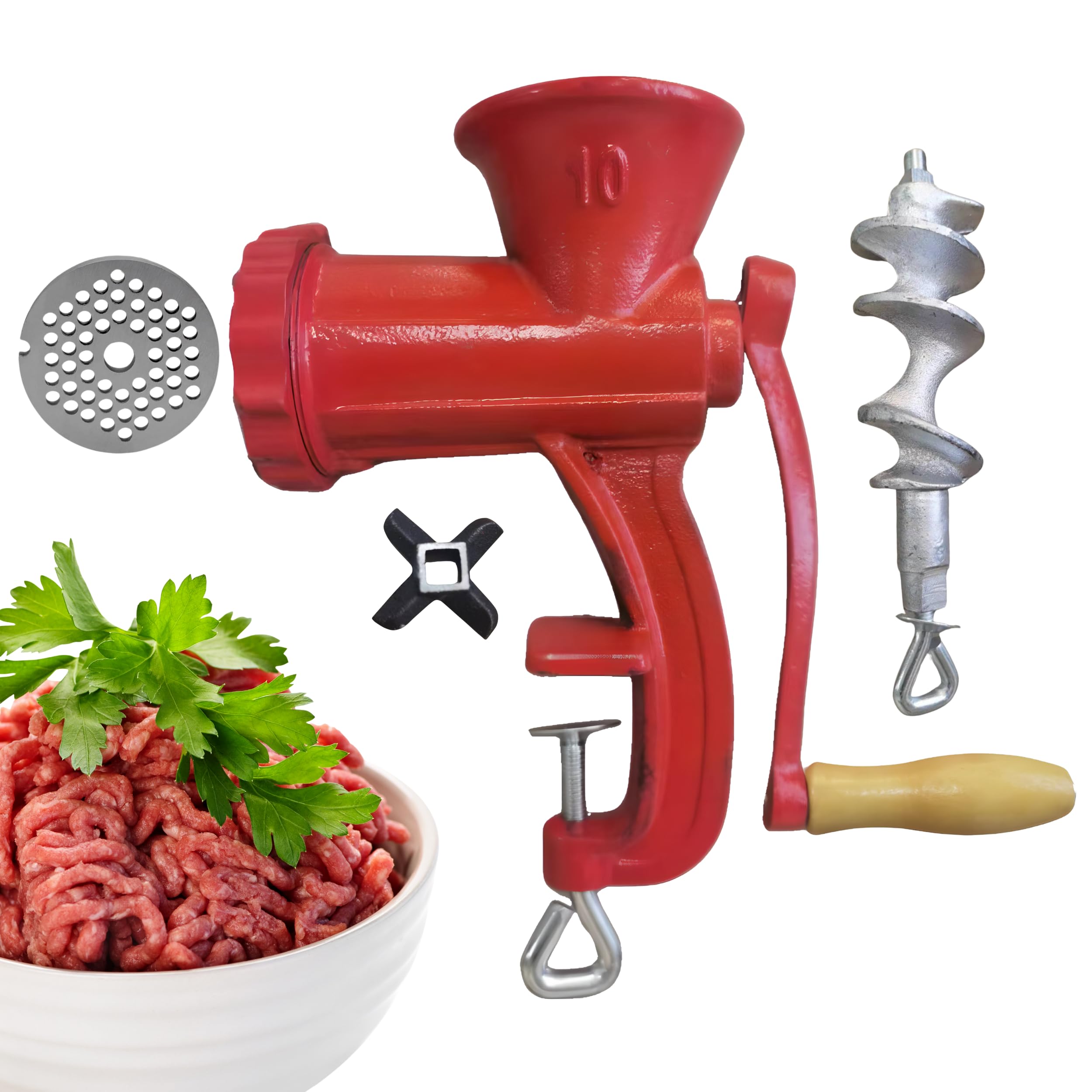 Manual Cast Iron Meat Grinder – Heavy Duty Red Table Mount Meat Grinder with Hardened Steel Cutter Sliver and Tabletop Clamp (Red)
