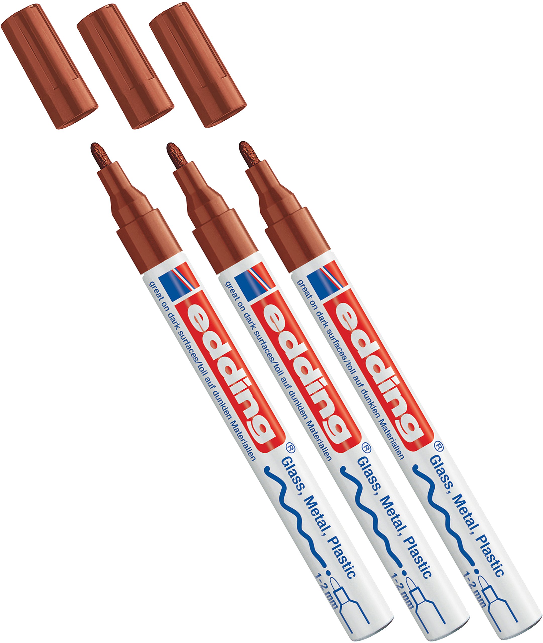 edding Rotulador de pintura brillante, punta redonda, diseño creativo de casi todas las superficies (por ejemplo, vidrio, cartón, papel oscuro, cerámica, piedra) (1-2 mm, marrón, 3)