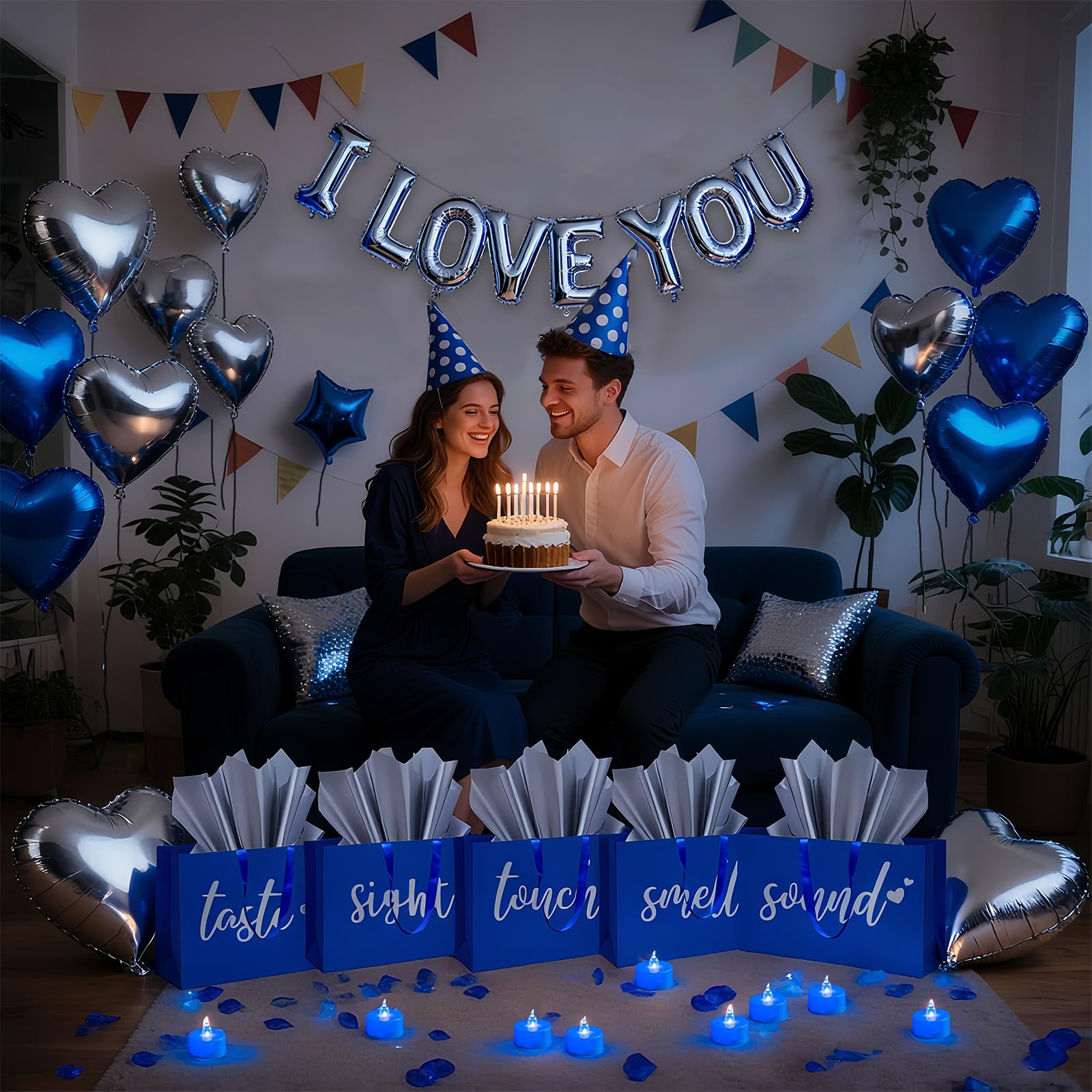 5 Senses Gift Bags Five Senses Gift Bags with Tissue Paper, Rose Petals, Balloons LED Tea Lights Party Decorations for Him Husband Boyfriend (Blue silver)
