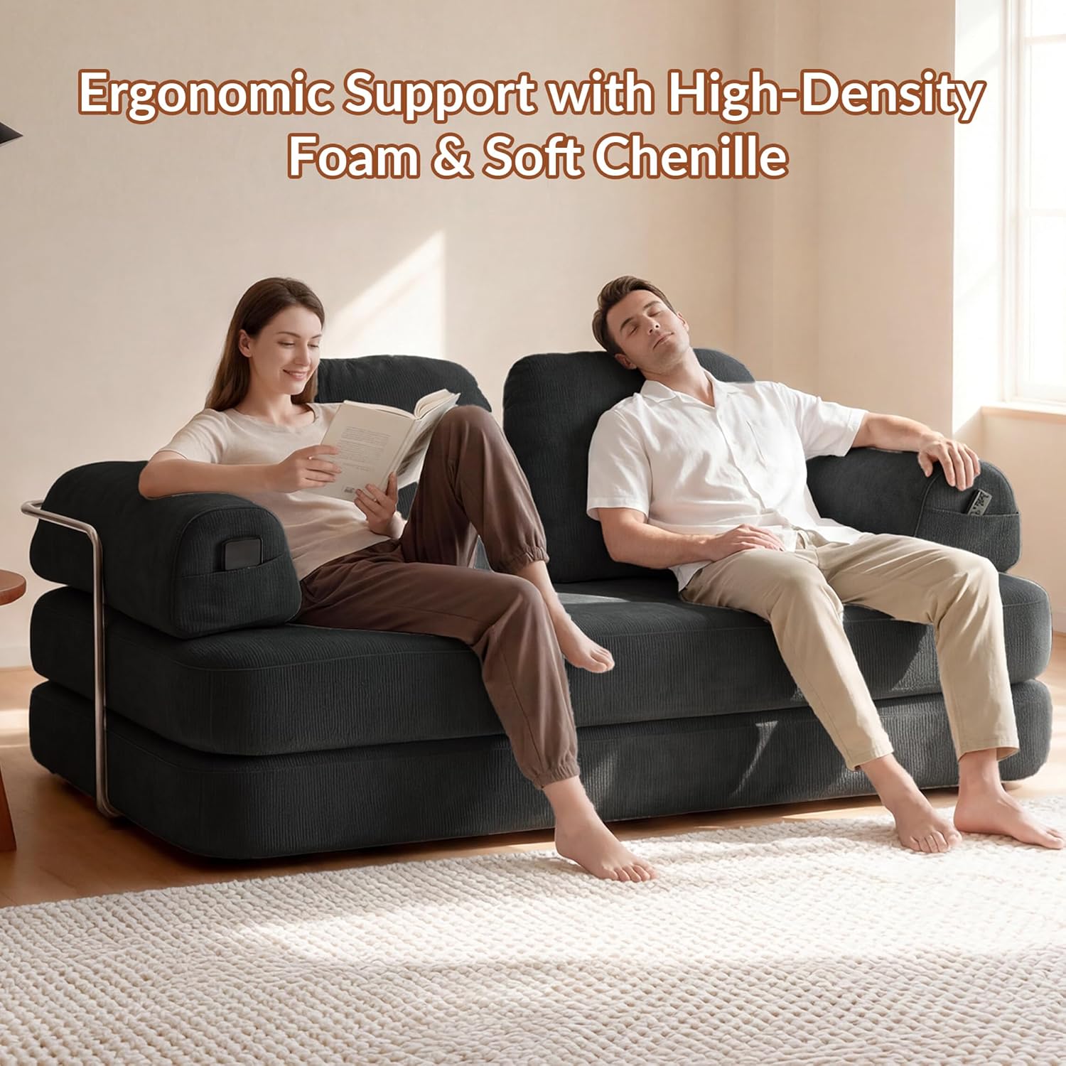 Floor Sofa, Modern Chenille Modular Couch with Large Ergonomic Backrest, Non-Slip Sleeper for Small Apartment & Compact Space, No Assembly Required (Charcoal, 82'')