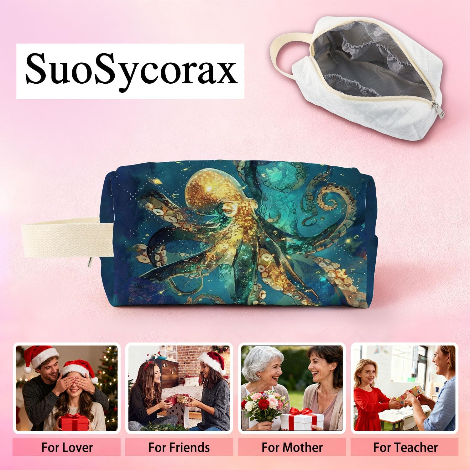 Octopus Printed Quilted Makeup Pouch for Women - Velvety Polyester Cosmetic Organizer w/Triple Compartments, Travel & Makeup Brush Holder - Image 7