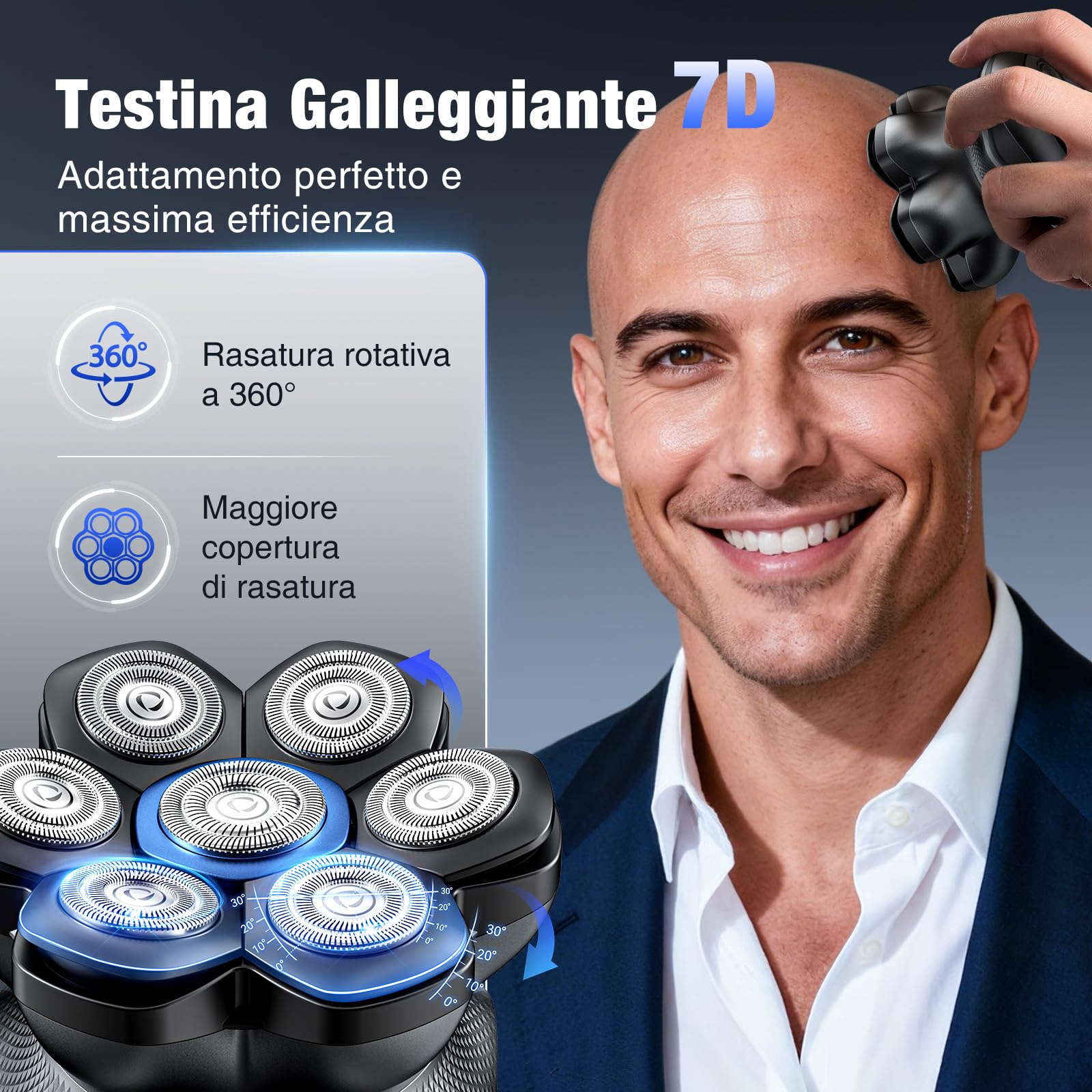 kensen Rasoio Testa Calva Uomo Zero Assoluto 2 Velocità 7D Rasoio Capelli Uomo 0 mm Impermeabile Cordless 100 Minuti di Autonomia Rasoio Elettrico Testa Calva Uomo con Display LED & USB-C Nero