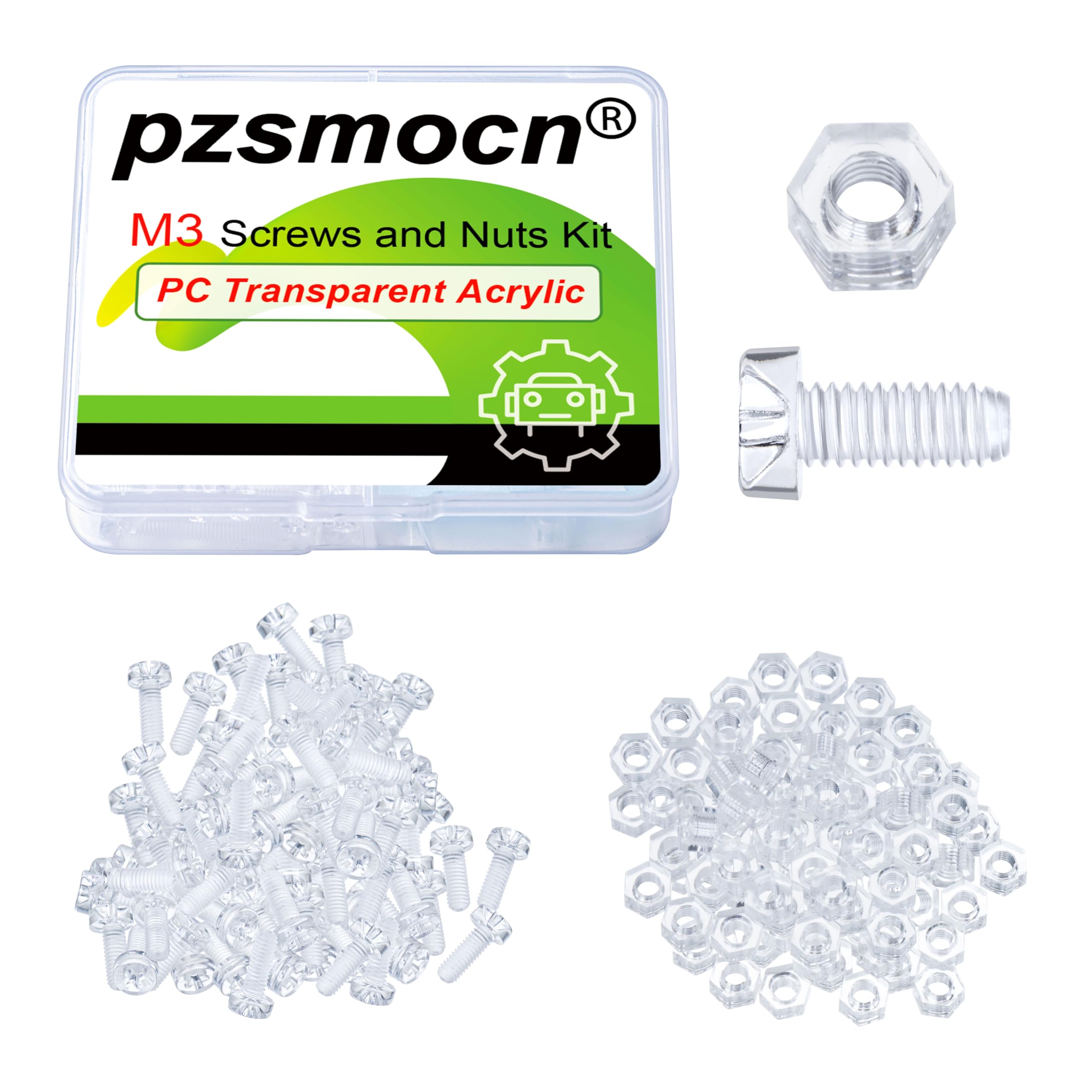 Pzsmocn 200 Pieces/100 Sets M3*8 mm PC Transparent Plastic Cross-recessed Round Head Screws and Hexagonal Nuts Kit, Corrosion-Resistant, for DIY,