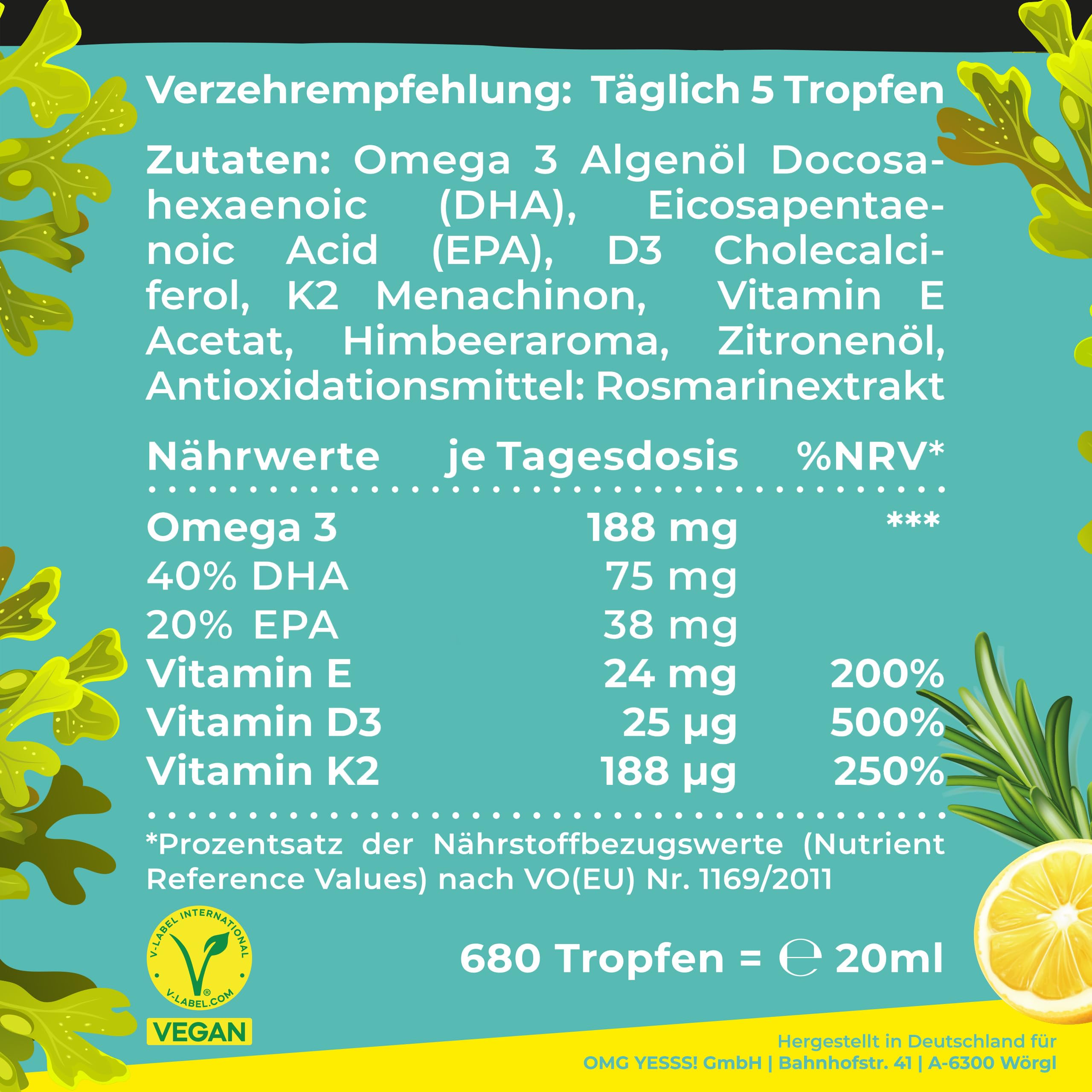 Omega-3 Algenöl PLUS - 40% DHA und 20% EPA mit Vitamin D3 + K2 + E - Zitrone und Rosmarinextrakt - Vegan (20ml = 4 Monats-Vorrat)