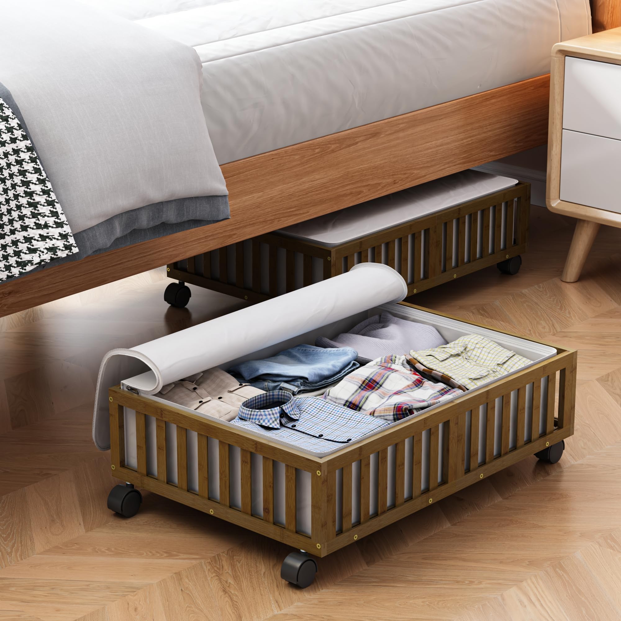 Bamboo Under Bed Storage Containers with Wheels, 2 Pack Under the Bed Shoe Storage Bins, Wood Rolling Underbed Drawers Organizer for Bedroom, Closet Clothes Blanket Comforter and Under Crib Toy Walnut — image 1