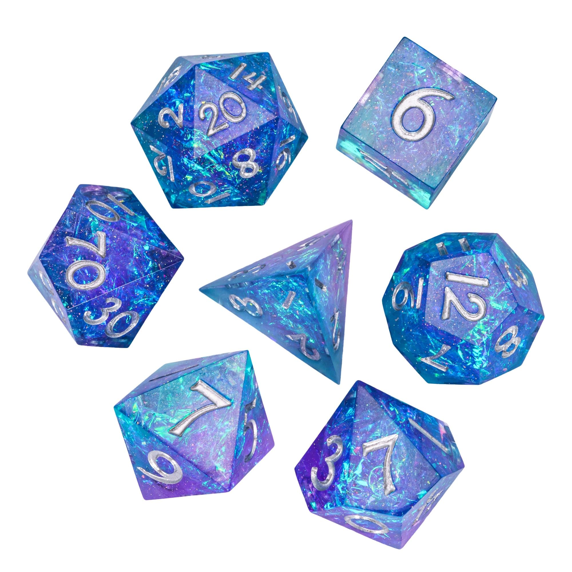 Lot de 7 dés DND, faits à la main à bords tranchants (violet et