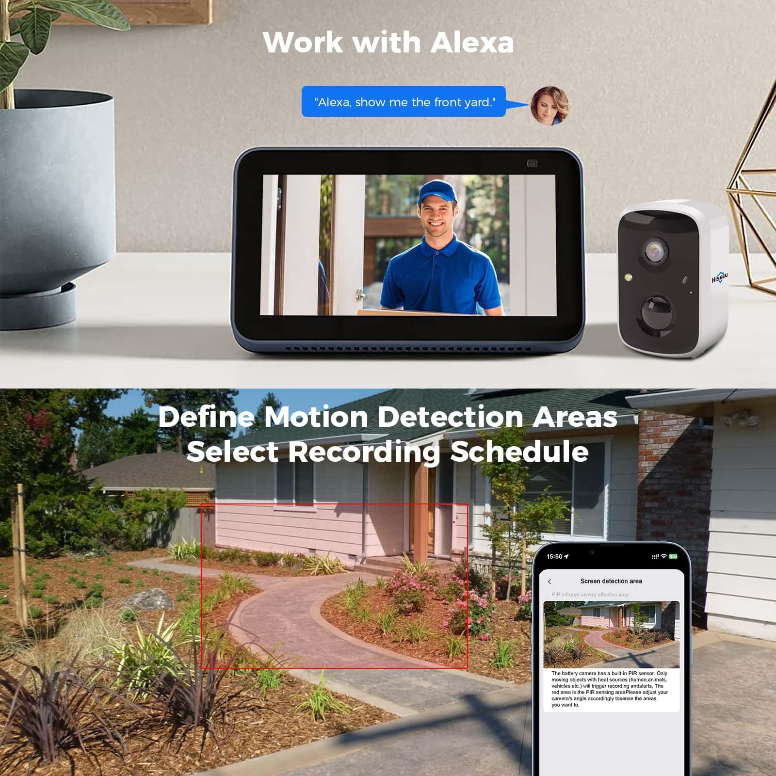 Hiseeu 2K Senza Fili Telecamera Wi-Fi Esterno a Batteria, Videocamera Sorveglianza WiFi Esterno con Pannello Solare, Visione Notturna a Colori, Rilevamento PIR, Allarme Sonoro,Audio a 2 Vie,IP66
