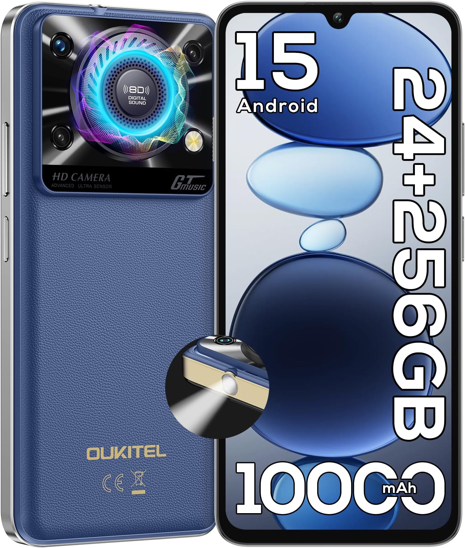 C60 PRO Android 15 Cell Phone Unlocked 2025-24GB+256GB/TF 1TB, 10000mAh Battery, 6.88'' Display Smartphone,110dB Speaker,120LM Flashlight, 13MP Camera, 4G Dual SIM Phones, GPS/NFC/OTG,Blue