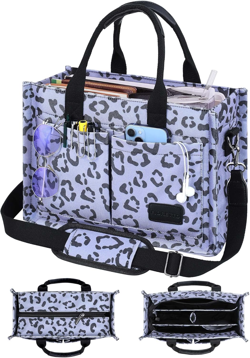 FIORETTO Canvas Tote Bag for Women with Zipper Closure & Individual Compartments for Work College for Teacher & Nurse