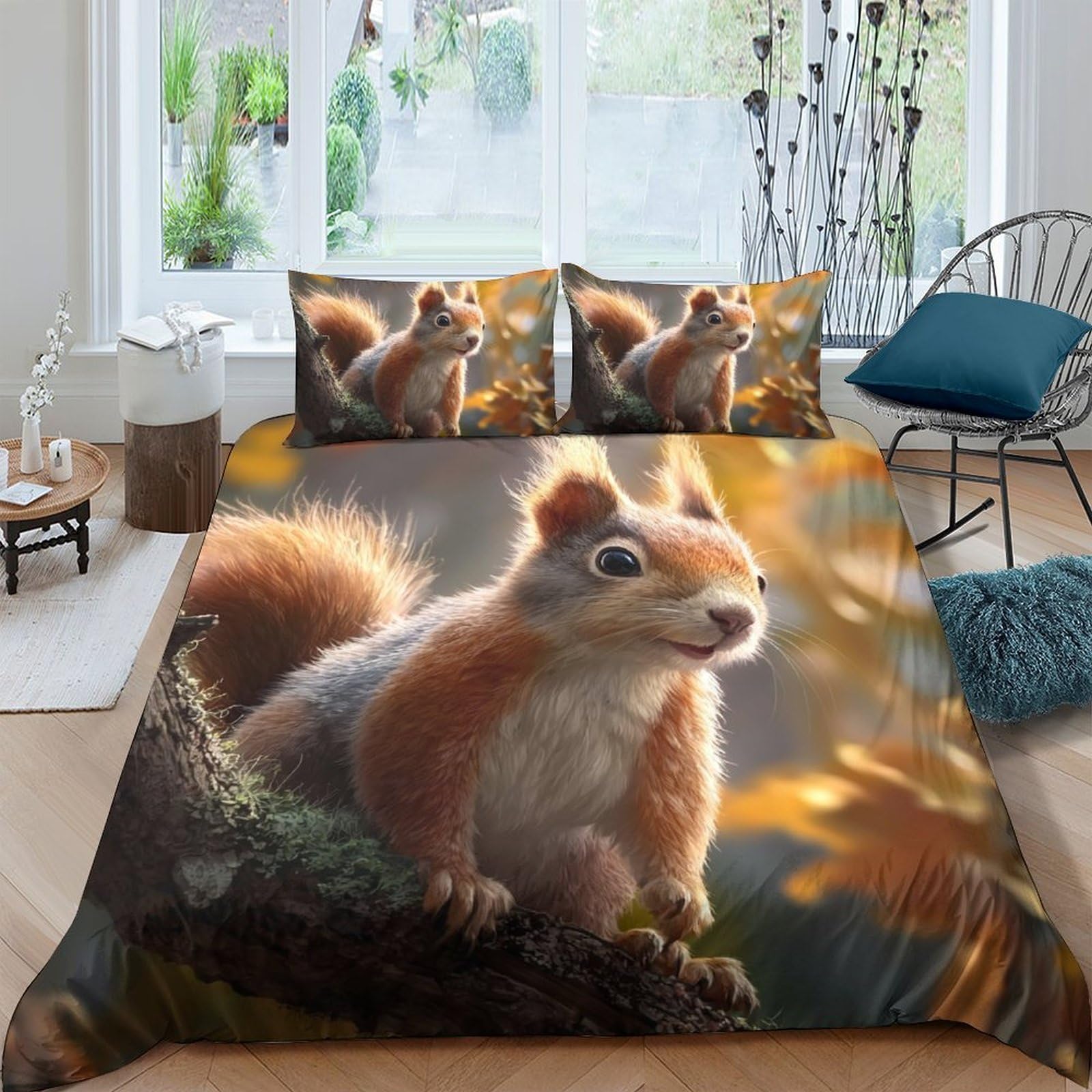 Ctjqhvkz Style-3 3D Printed Squirrel Forest Fitted Sheet Microfiber Soft Autumn Leaves Bed Cover For Bedroom Dorm Mattress Decor Single（135X200cm）