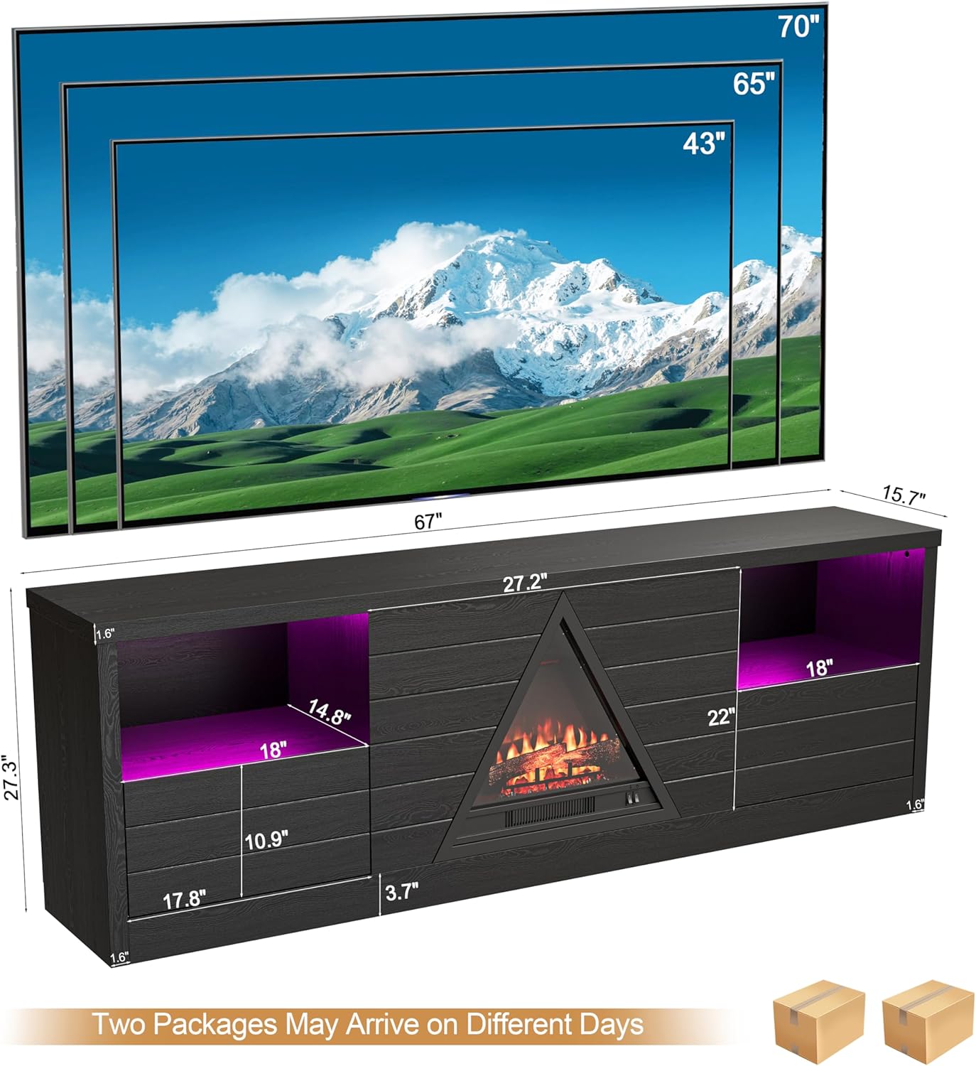 LIDYUK TV Stand for Living Room, 67" Fireplace TV Stand Fits TVs up to 75", Modern Media Console & Entertainment Center with Open Shelves and Drawers, Black Electric Fireplace with LED Flame